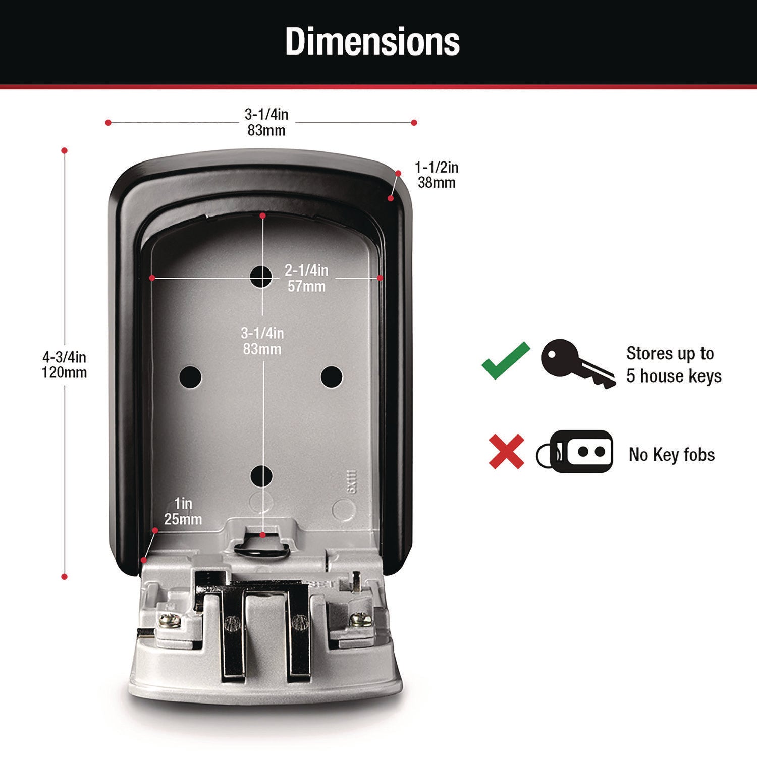 Locking Combination 5 Key Steel Box, 3.25" Wide, Black/Silver - 4