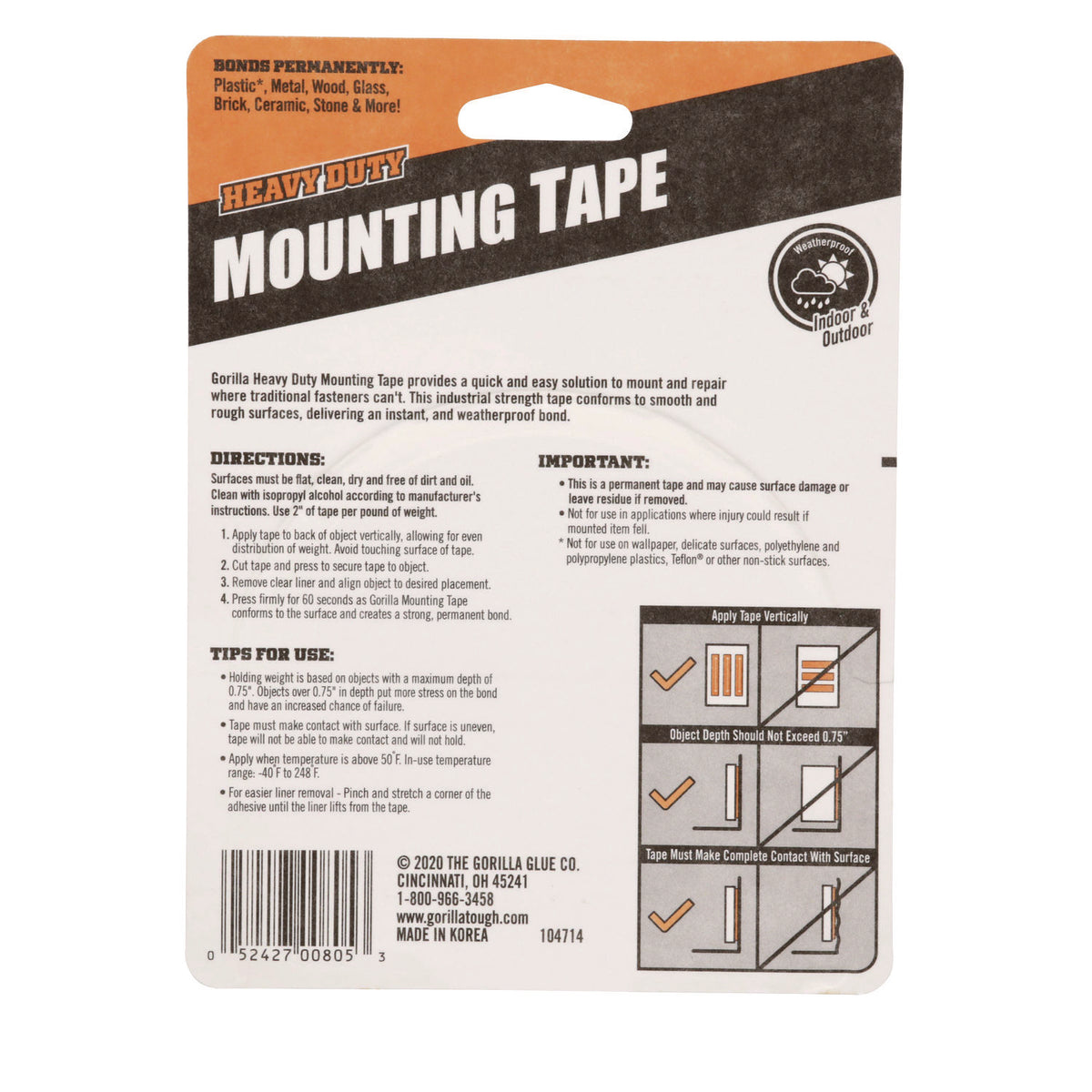 Gorilla Heavy Duty Mounting Tape - 10 ft Length x 1" Width - 1 Each - Black