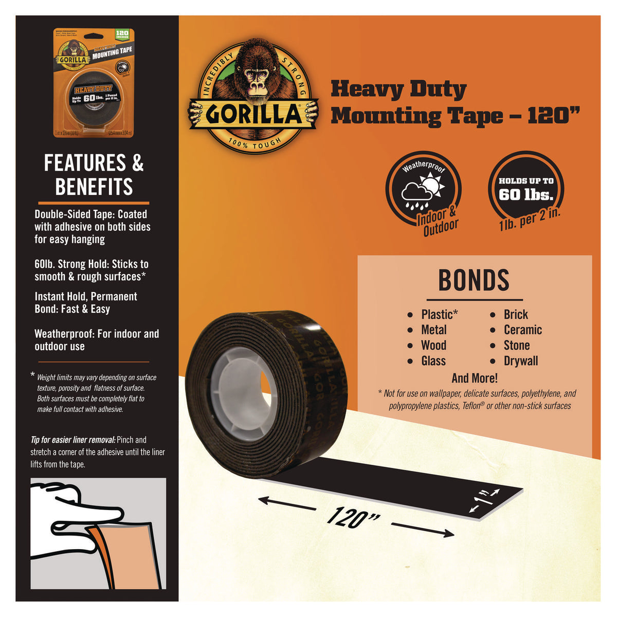 Gorilla Heavy Duty Mounting Tape - 10 ft Length x 1" Width - 1 Each - Black