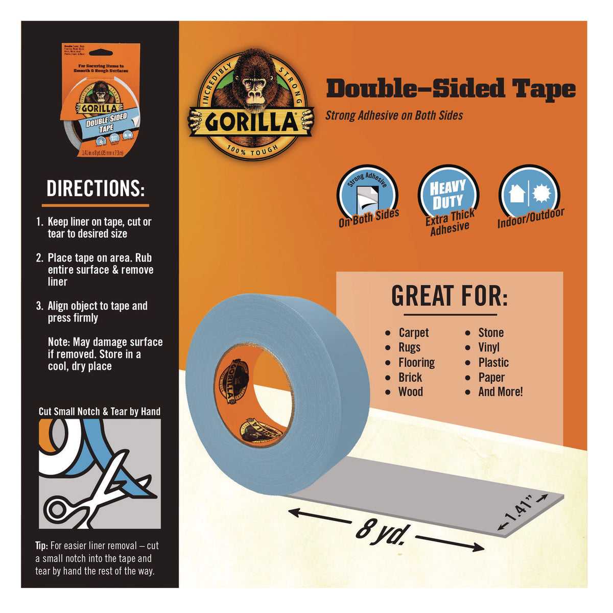 Gorilla Double-Sided Tape - 24 ft Length x 1.40" Width - 1 Roll - Gray