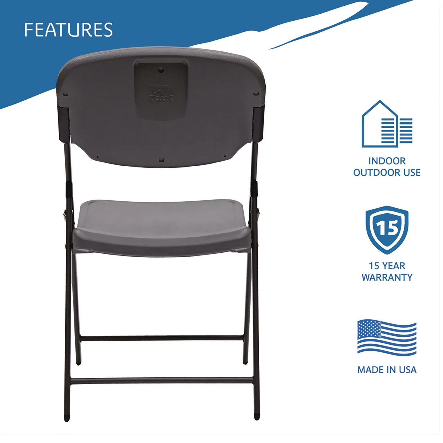 Rough n Ready Commercial Folding Chair, Supports Up to 350 lb, 15.25" Seat Height, Charcoal Seat, Charcoal Back, Silver Base - 3