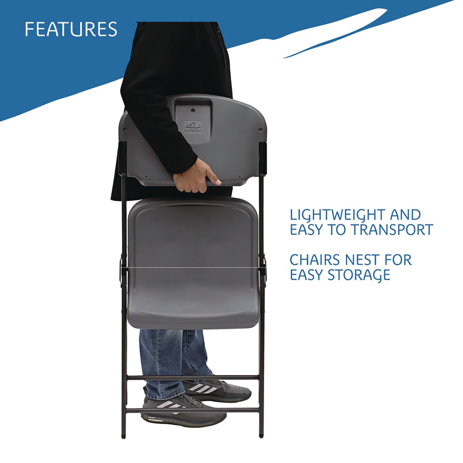 Rough n Ready Commercial Folding Chair, Supports Up to 350 lb, 15.25" Seat Height, Charcoal Seat, Charcoal Back, Silver Base - 6