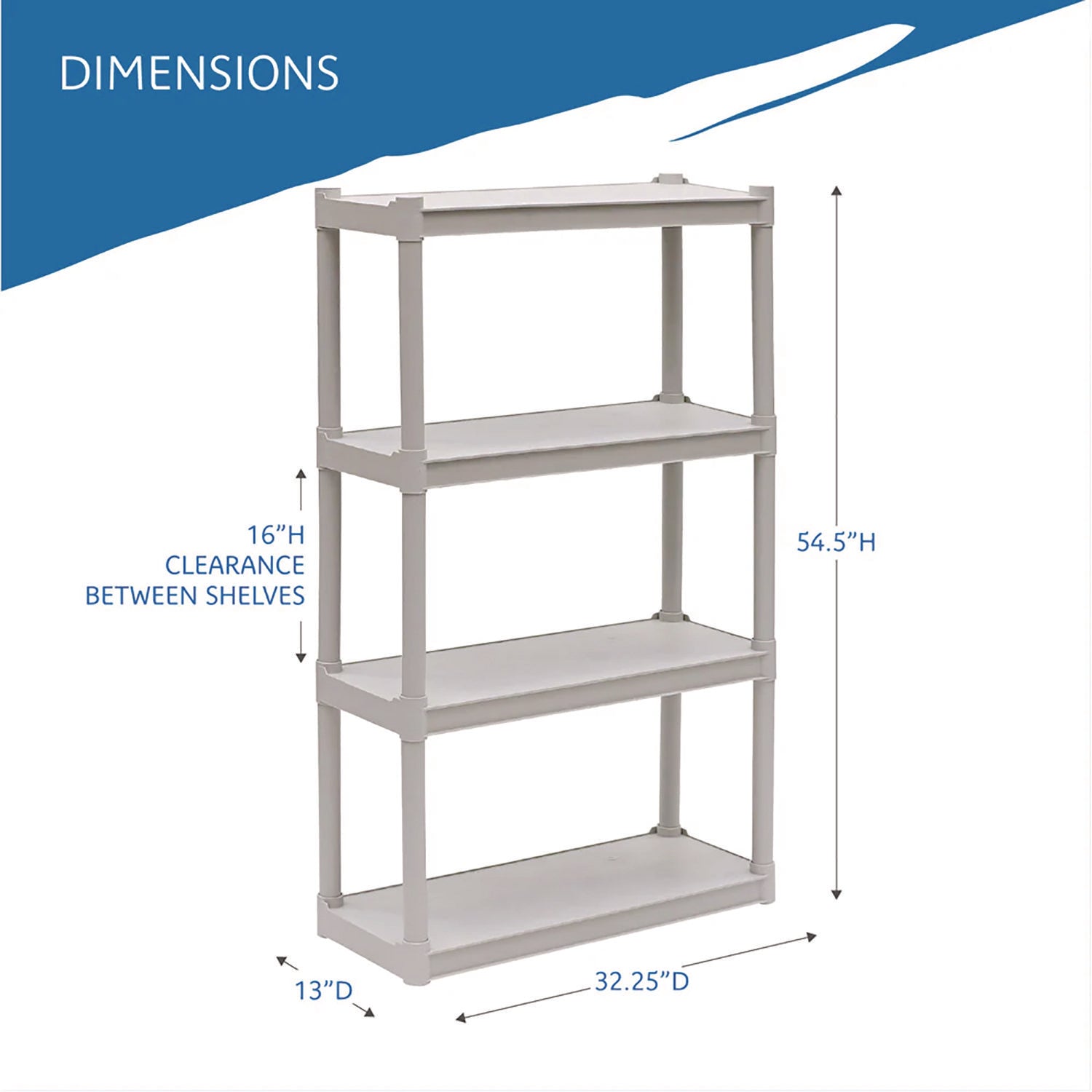 Rough n Ready Open Storage System, Four-Shelf, Injection-Molded Polypropylene, 32w x 13d x 54h, Platinum - 4