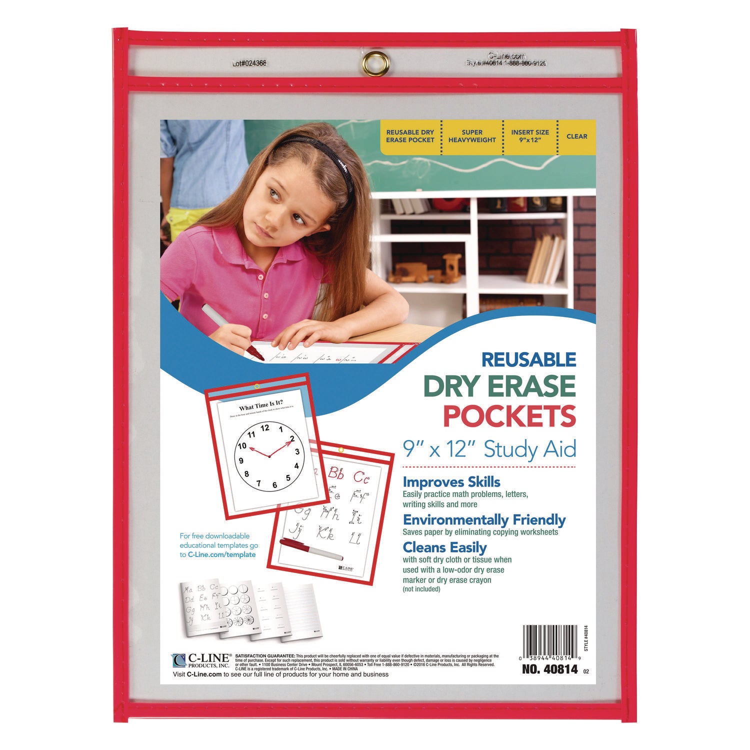 C-Line Reusable Dry Erase Pocket - Study Aid - Neon Red, 9 x 12, 40814