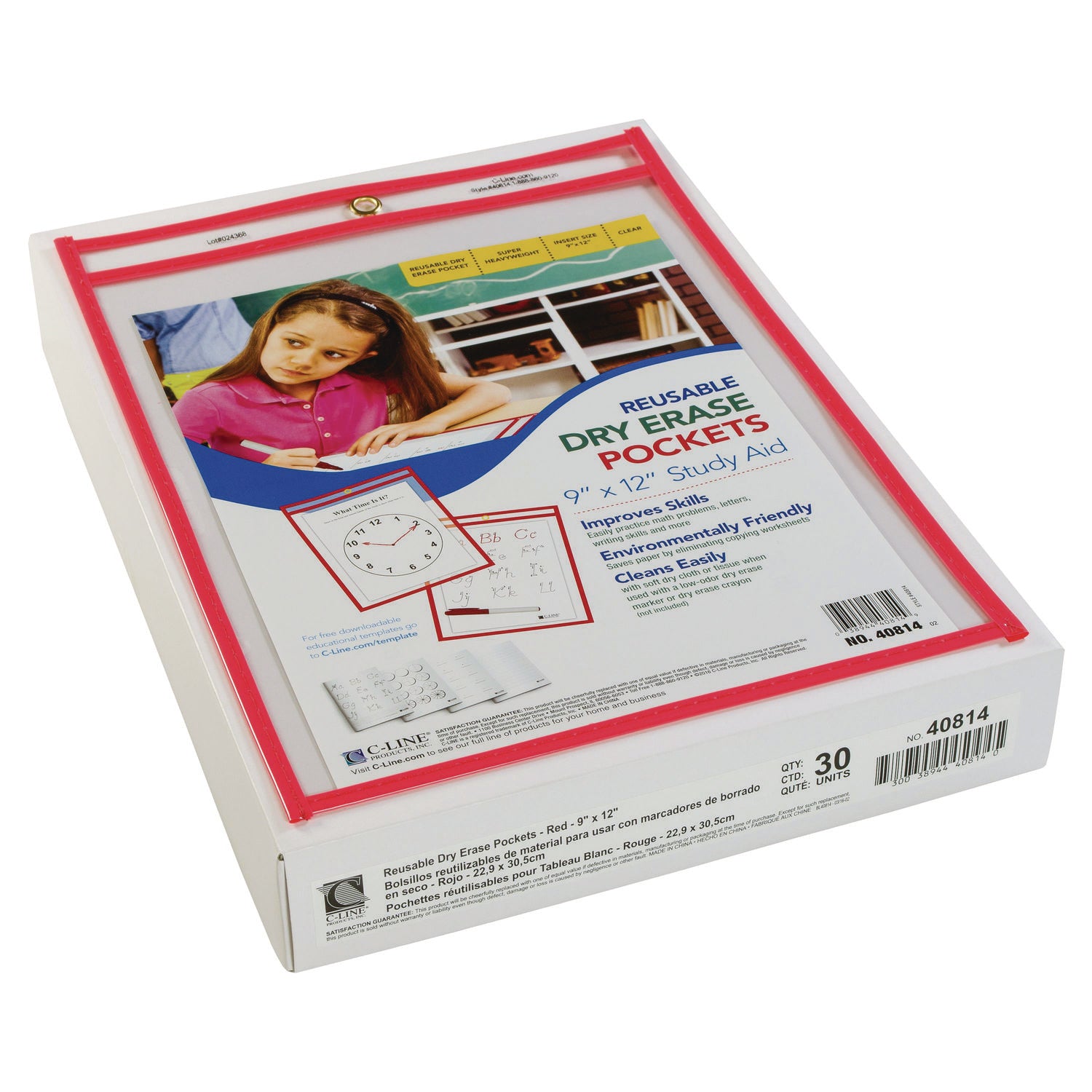 C-Line Reusable Dry Erase Pocket - Study Aid - Neon Red, 9 x 12, 40814
