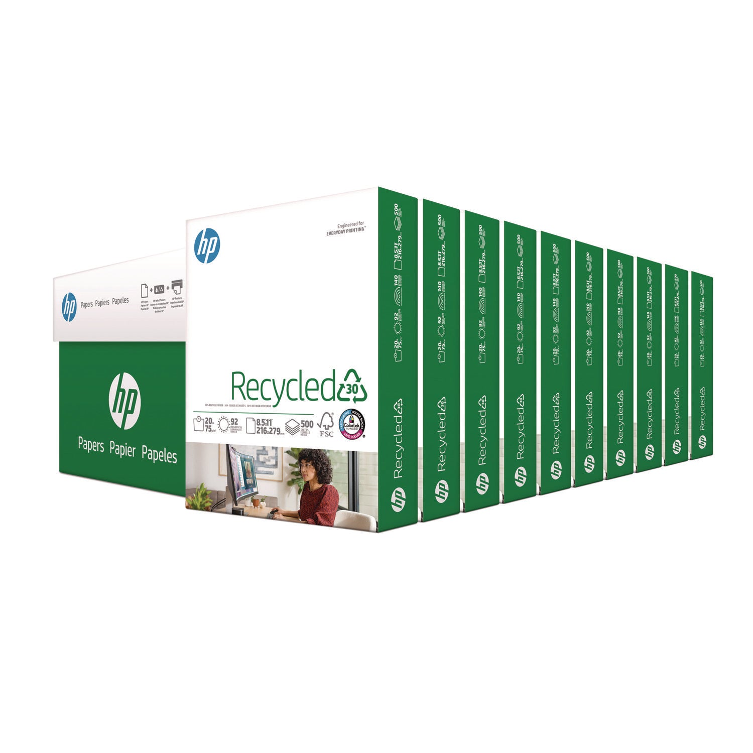 Recycled30 Paper, 92 Bright, 20 lb Bond Weight, 8.5 x 11, White, 500 Sheets/Ream, 10 Reams/Carton - 1