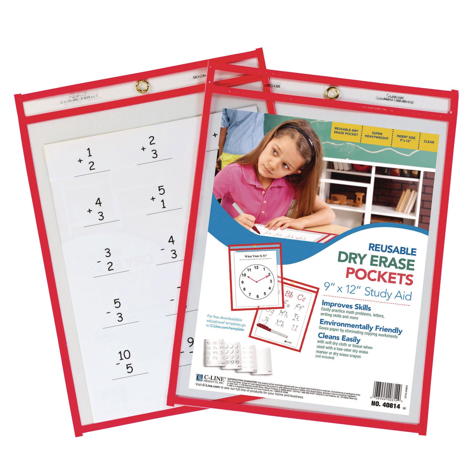 C-Line Reusable Dry Erase Pocket - Study Aid - Neon Red, 9 x 12, 40814