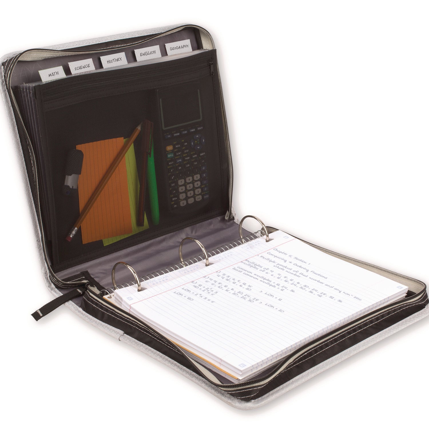 Zipper Binder, 3 Rings, 2" Capacity, 11 x 8.5, Black/Gray Accents