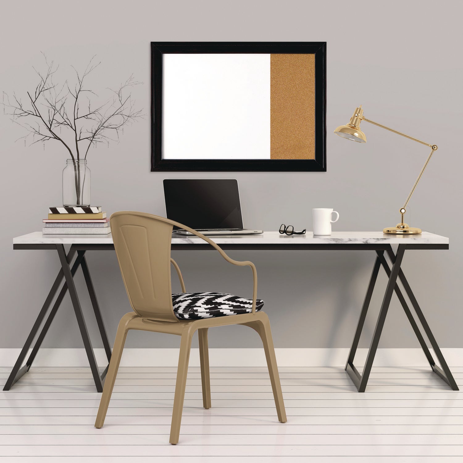 Home Decor Magnetic Combo Dry Erase Board with Cork Board on Side, 23 x 17, Tan/White Surface, Black Wood Frame