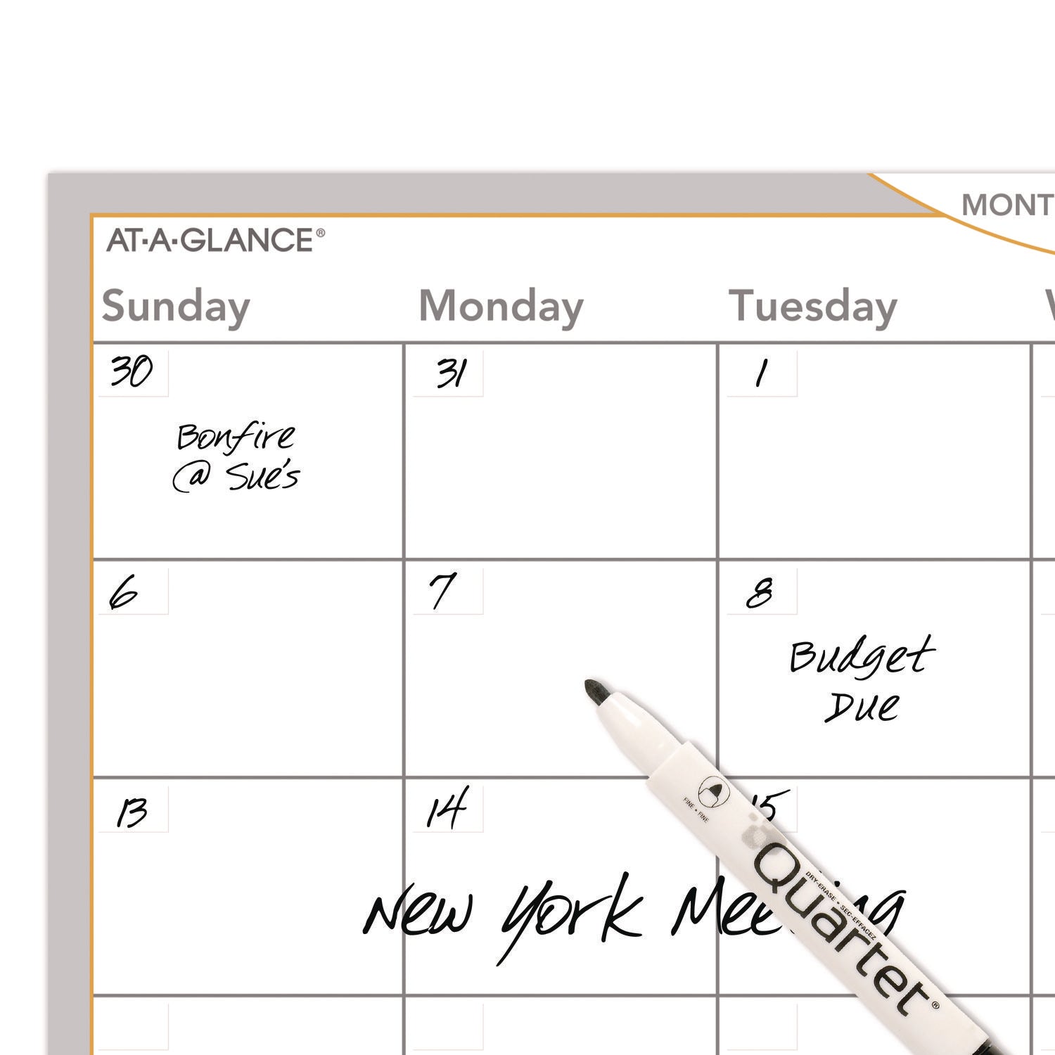 WallMates Self-Adhesive Dry Erase Monthly Planning Surfaces, 36 x 24, White/Gray/Orange Sheets, Undated