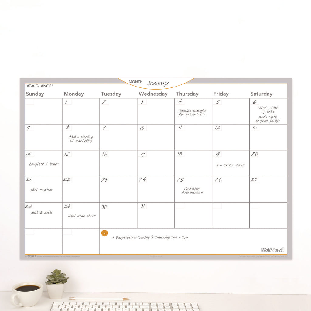 WallMates Self-Adhesive Dry Erase Monthly Planning Surfaces, 36 x 24, White/Gray/Orange Sheets, Undated