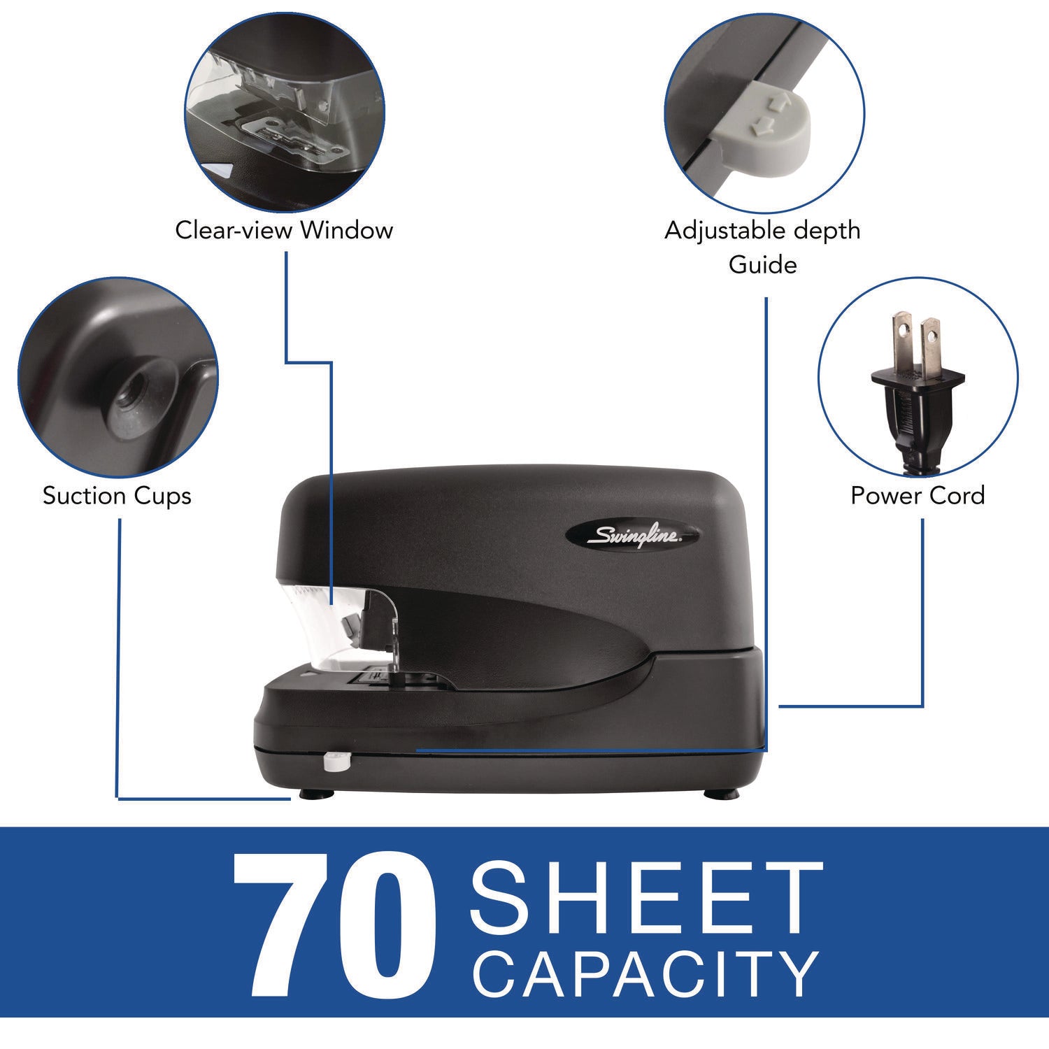 High-Capacity Flat Clinch Electric Stapler, 70-Sheet Capacity, Black - 4