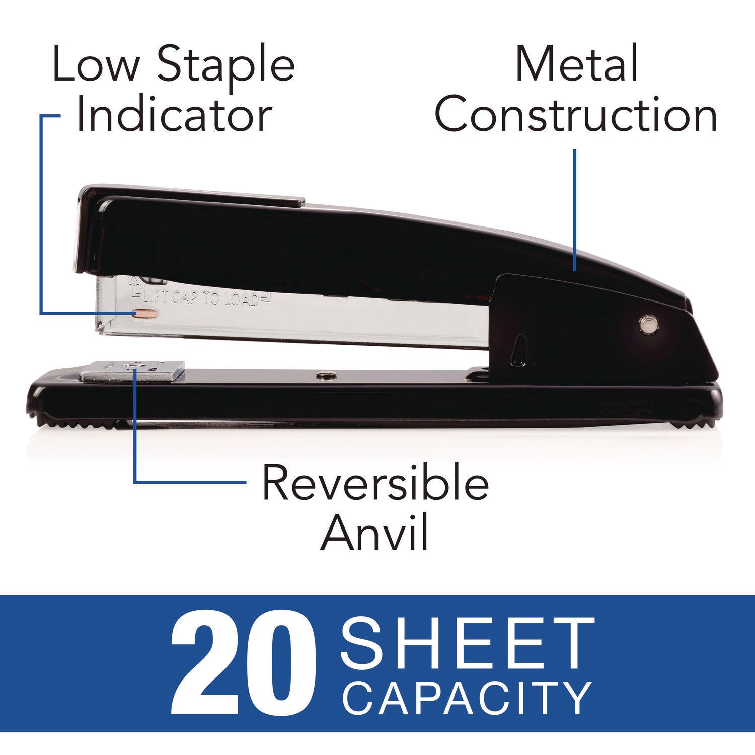 Commercial Full Strip Desk Stapler, 20-Sheet Capacity, Black - 3