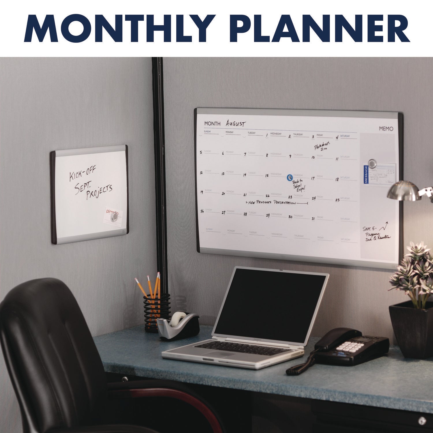 ARC Frame Cubicle Magnetic Dry Erase Calendar, One Month Format, 30 x 18, White Surface, Silver Aluminum Frame - 4