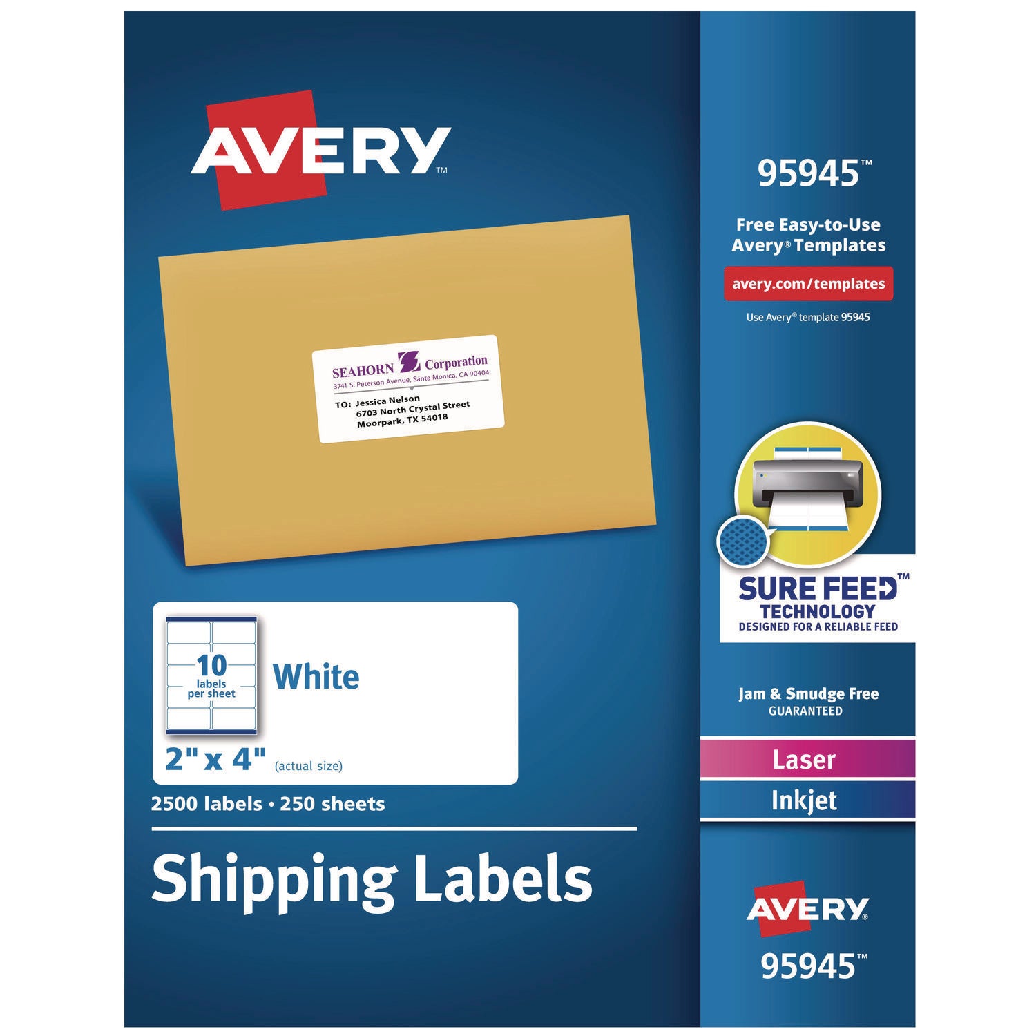 White Shipping Labels-Bulk Packs, Inkjet/Laser Printers, 2 x 4, White, 10/Sheet, 250 Sheets/Box - 1