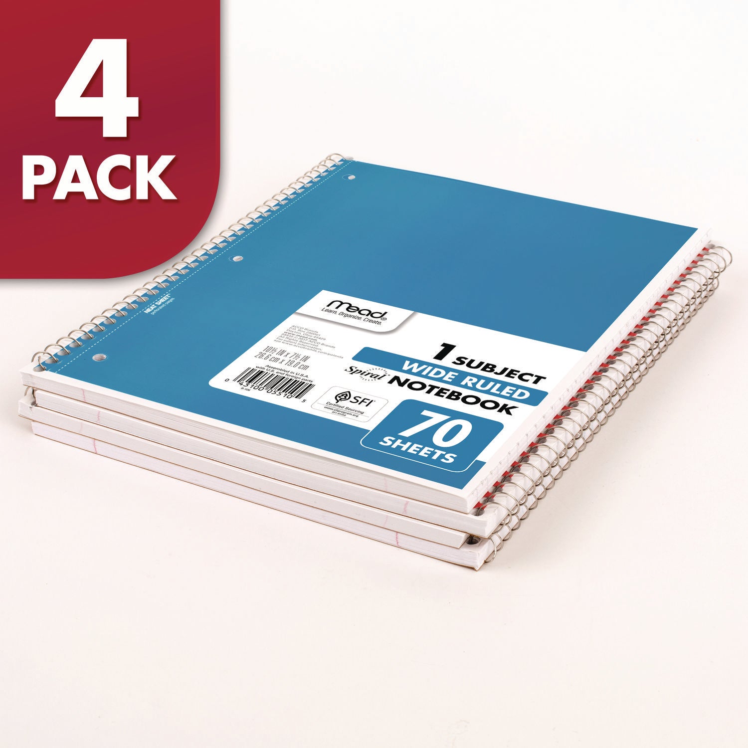 Mead 1 Subject Wide Ruled Spiral Notebook - 70 Sheets - 140 Pages - Spiral Bound - 3 Hole(s) - 10 1/2" x 8" - 10" x 8" x 0.5" - White Paper - Assorted Cover - Durable Cover, Bleed Resistant, Perforated, Spiral Lock, Lightweight - 4 / Pack - 2