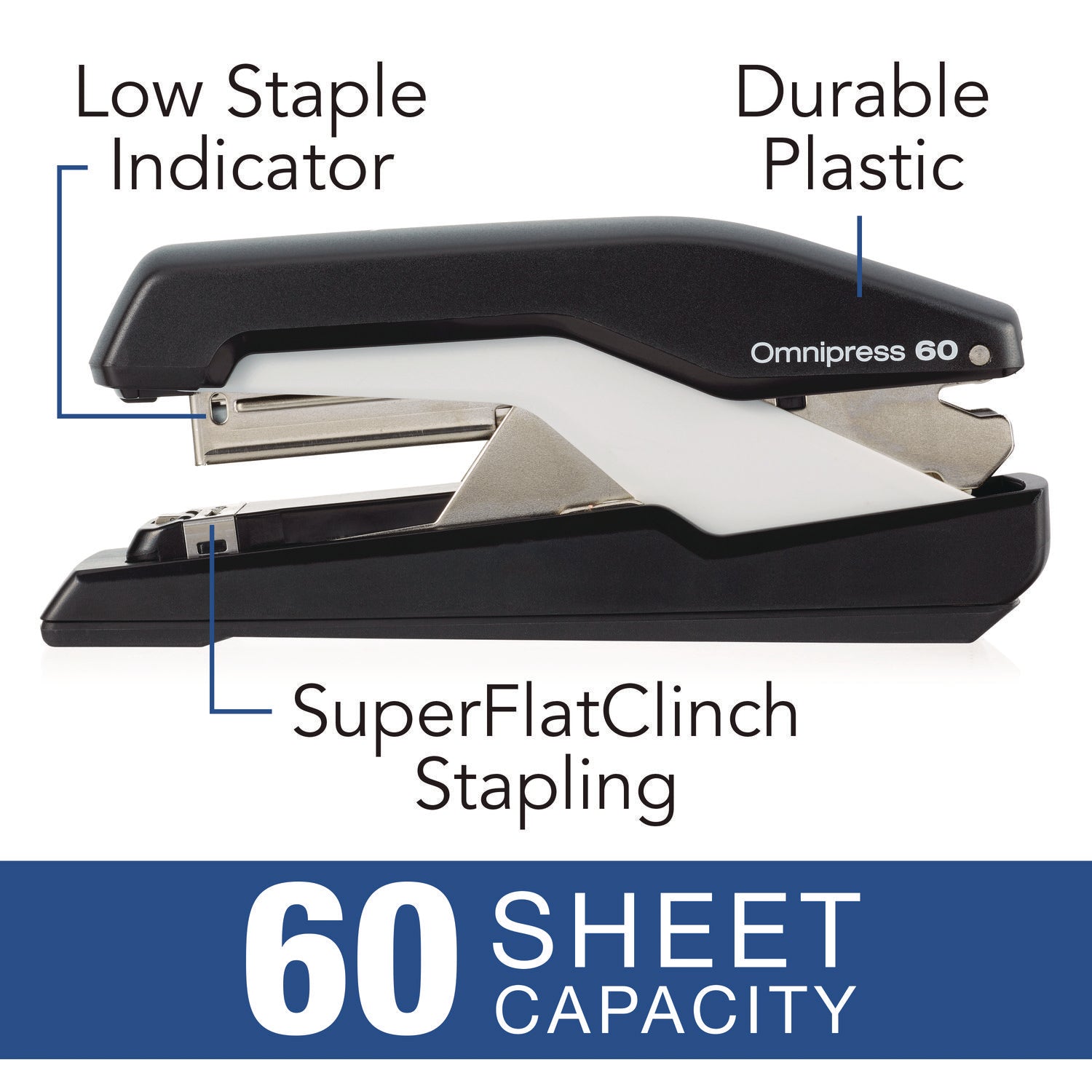 Omnipress SO60 Heavy-Duty Full Strip Stapler, 60-Sheet Capacity, Black/Gray - 6