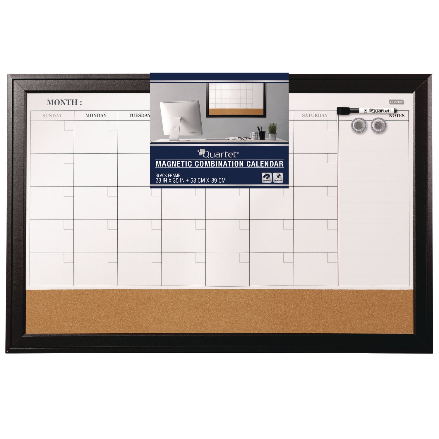 Magnetic Combination Dry Erase Calendar/Cork Board, 35 x 23, Tan/White Surface, Black Wood Frame