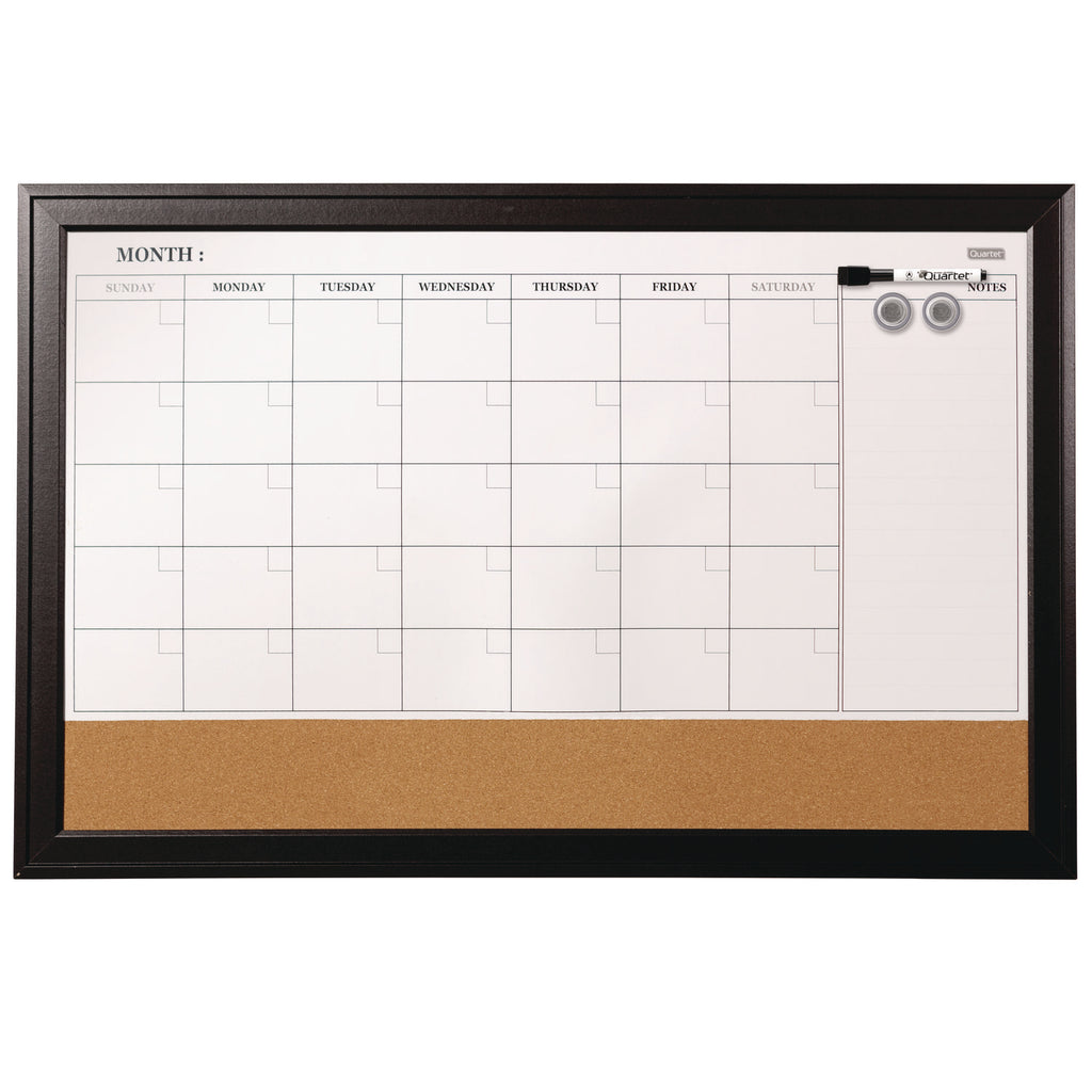 Magnetic Combination Dry Erase Calendar/Cork Board, 35 x 23, Tan/White Surface, Black Wood Frame