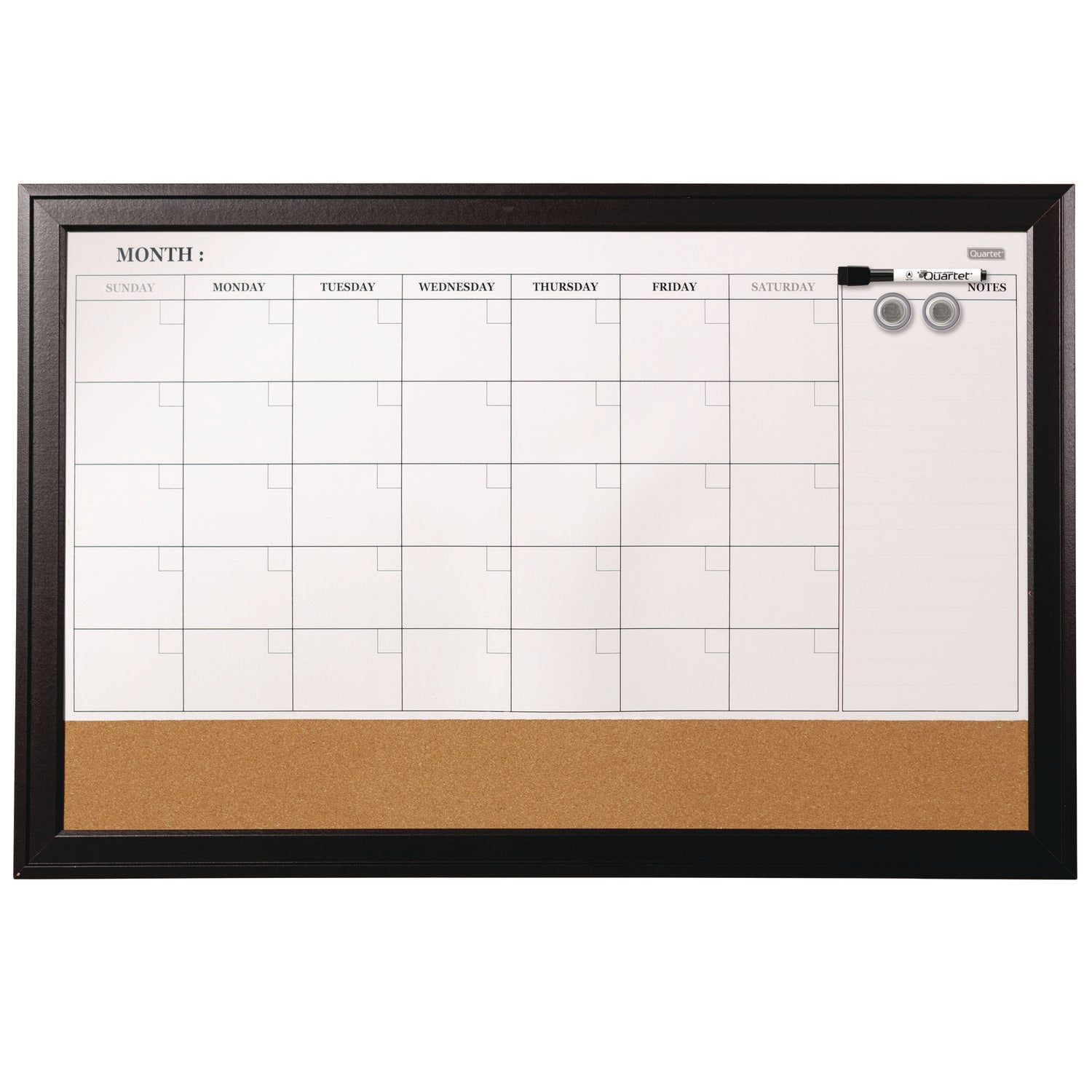 Magnetic Combination Dry Erase Calendar/Cork Board, 35 x 23, Tan/White Surface, Black Wood Frame