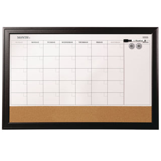 Magnetic Combination Dry Erase Calendar/Cork Board, 35 x 23, Tan/White Surface, Black Wood Frame