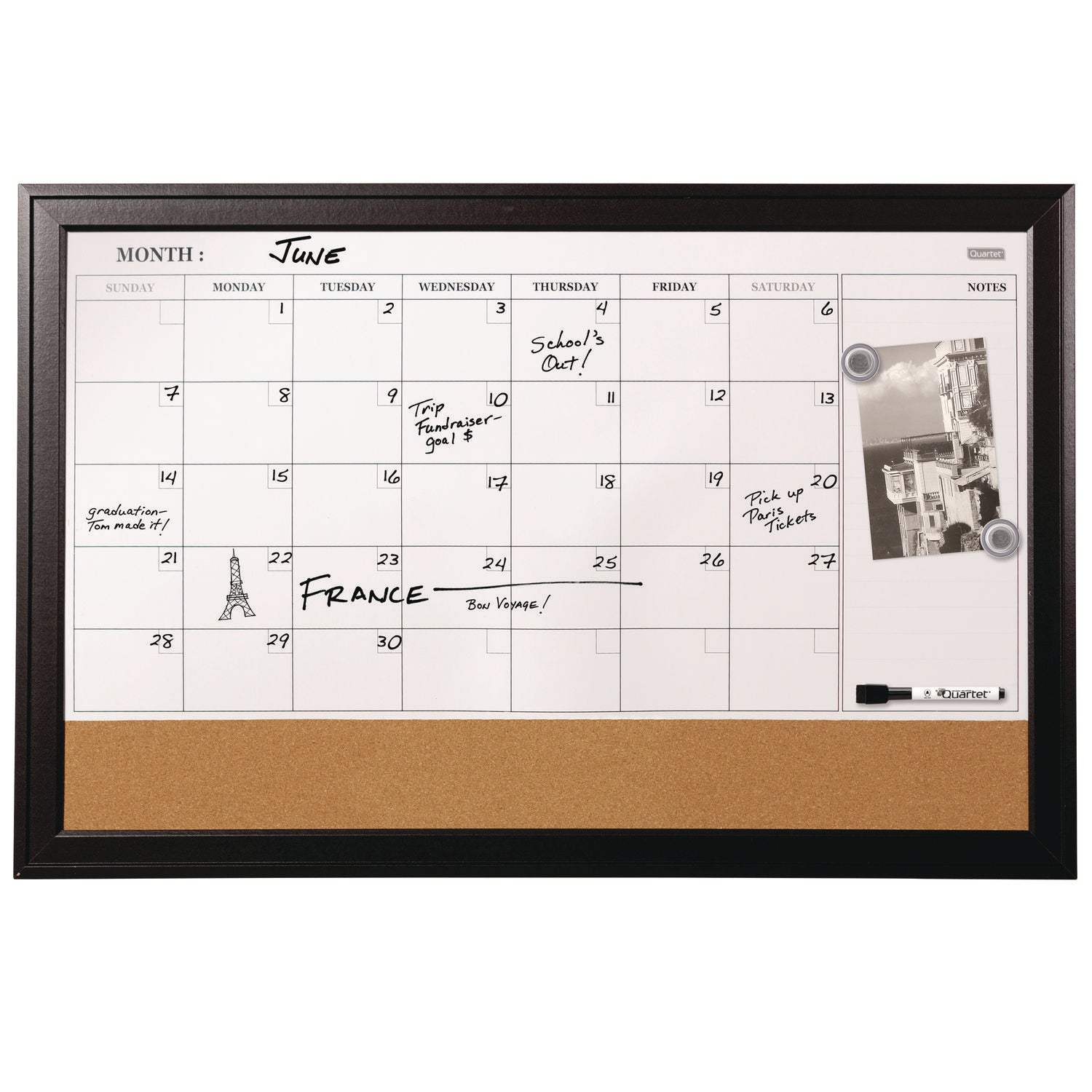 Magnetic Combination Dry Erase Calendar/Cork Board, 35 x 23, Tan/White Surface, Black Wood Frame