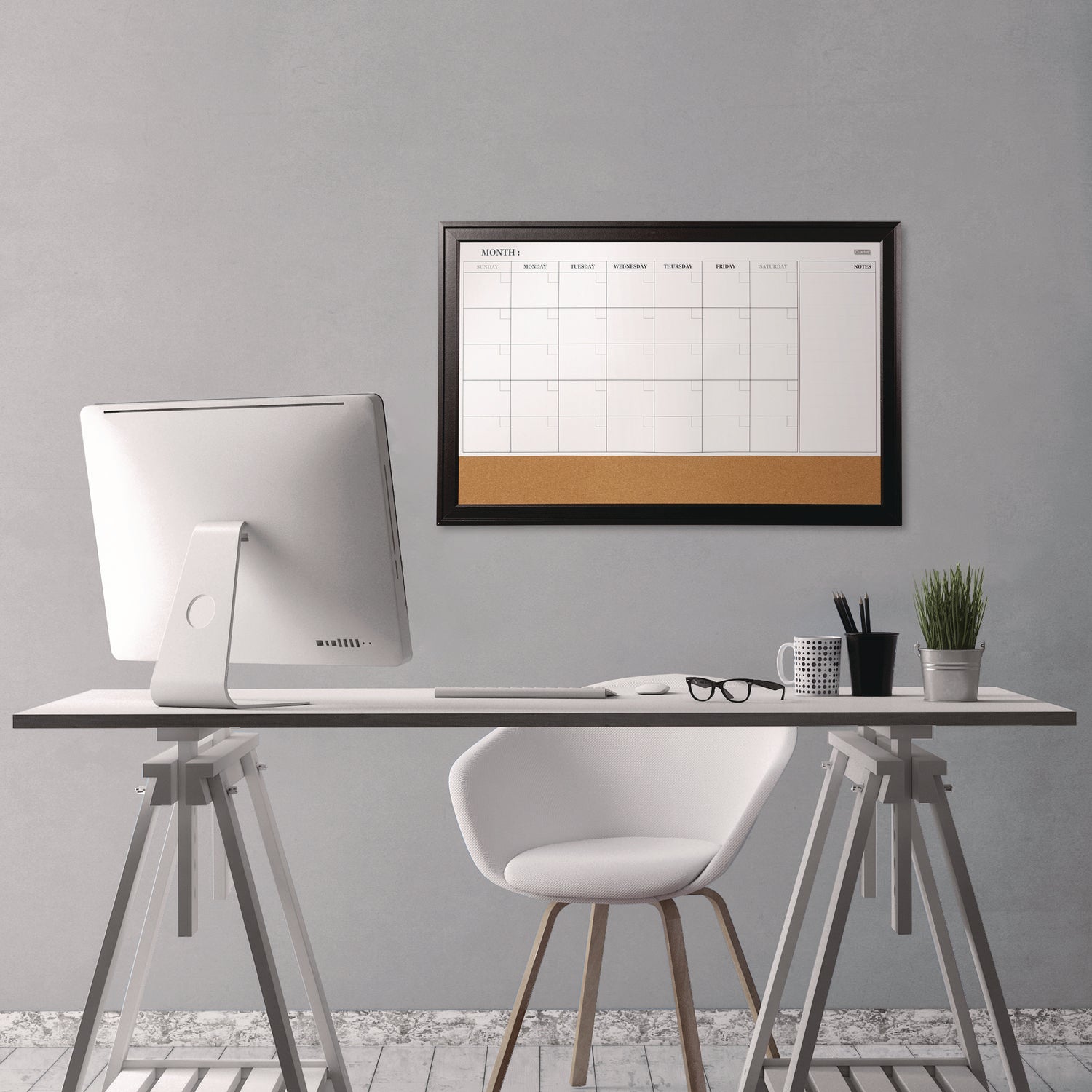 Magnetic Combination Dry Erase Calendar/Cork Board, 35 x 23, Tan/White Surface, Black Wood Frame