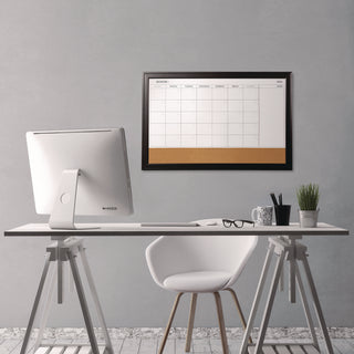 Magnetic Combination Dry Erase Calendar/Cork Board, 35 x 23, Tan/White Surface, Black Wood Frame