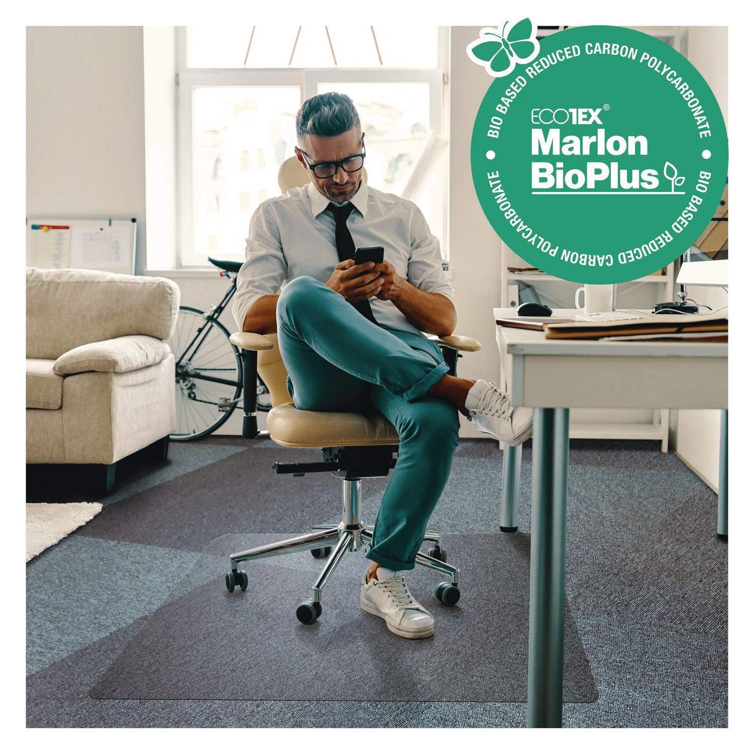 Ecotex Marlon BioPlus Rectangular Polycarbonate Chair Mat for Low/Medium Pile Carpets, Rectangular, 35 x 47, Clear