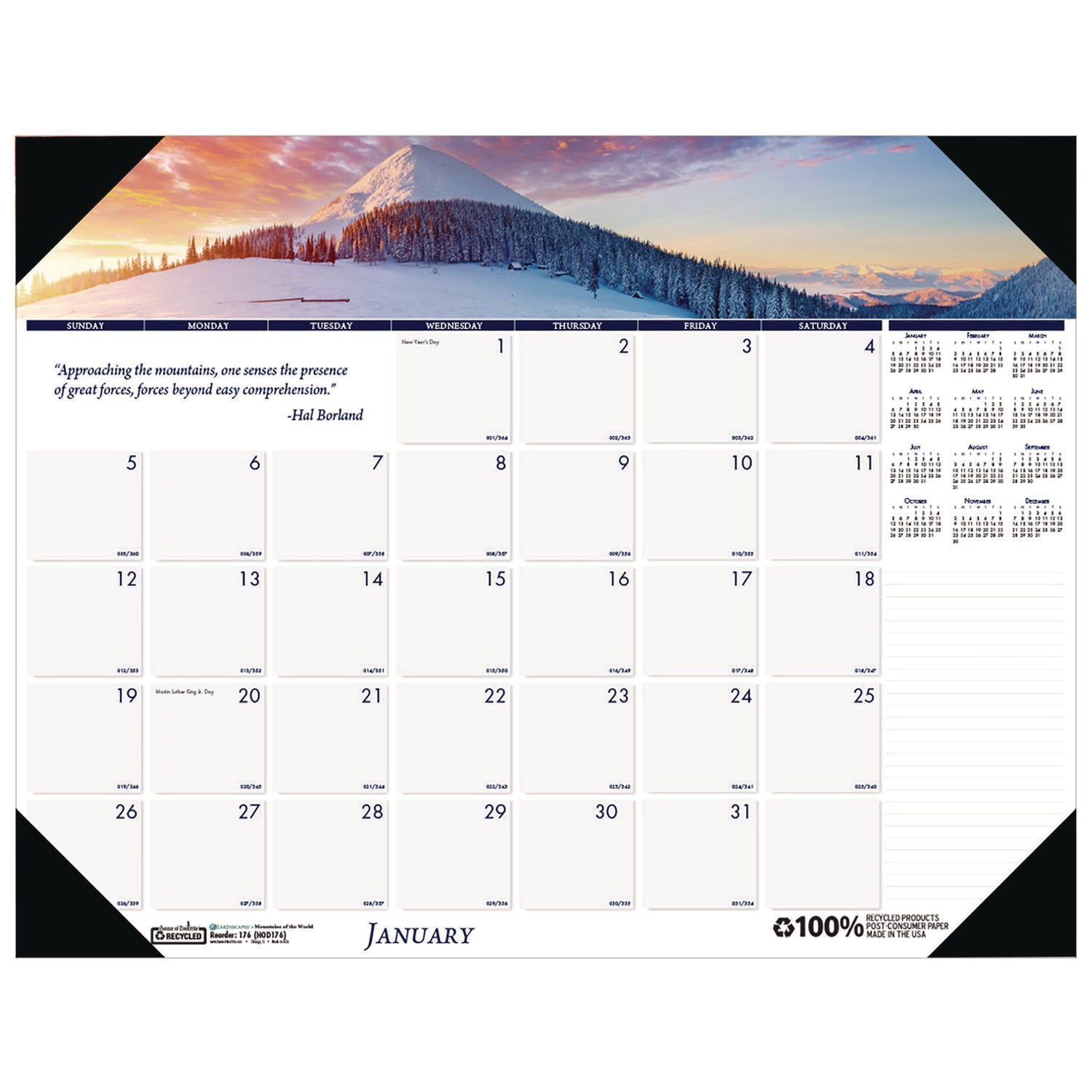 Earthscapes Recycled Monthly Desk Pad Calendar, Mountains of the World Photos, 22 x 17, Black Corners,12-Month(Jan-Dec): 2024 - 2