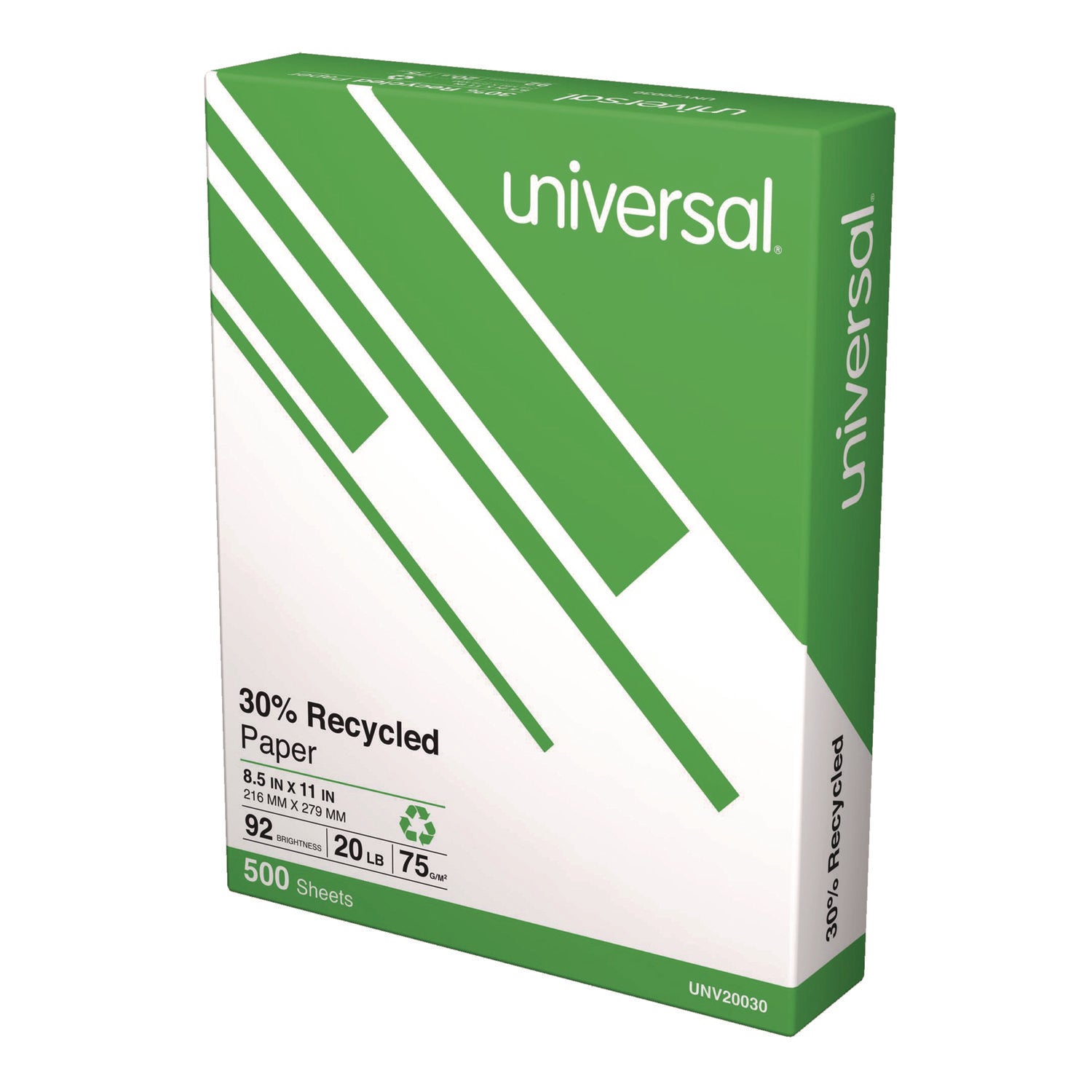 30% Recycled Copy Paper, 92 Bright, 20 lb Bond Weight, 8.5 x 11, White, 500 Sheets/Ream, 10 Reams/Carton, 40 Cartons/Pallet - 3