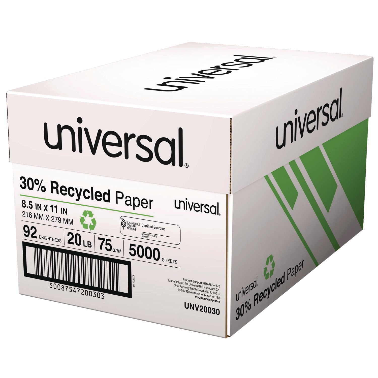 30% Recycled Copy Paper, 92 Bright, 20 lb Bond Weight, 8.5 x 11, White, 500 Sheets/Ream, 10 Reams/Carton, 40 Cartons/Pallet - 4