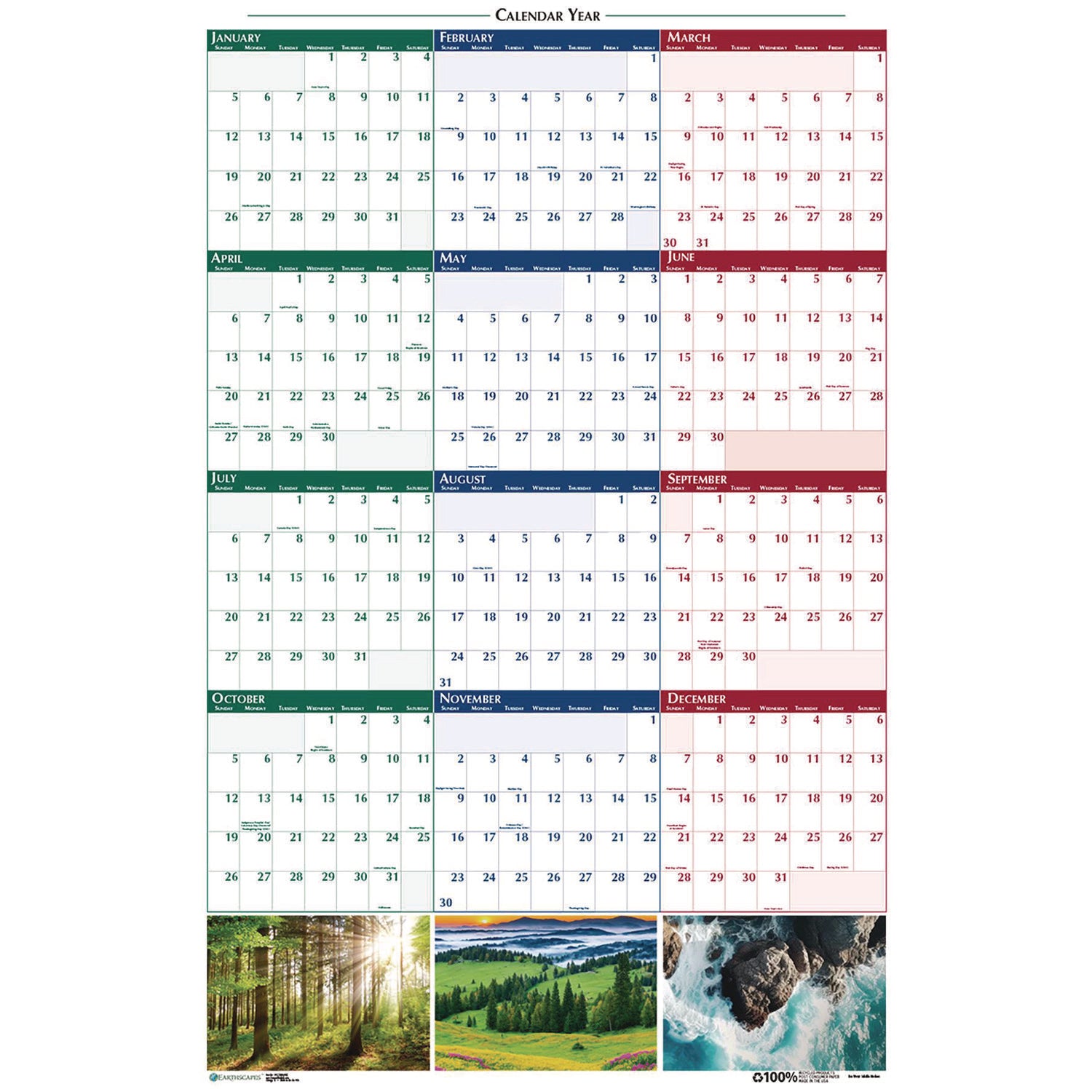 Earthscapes Recycled Reversible/Erasable Yearly Wall Calendar, Nature Photos, 32 x 48, White Sheets, 12-Month (Jan-Dec): 2024 - 3