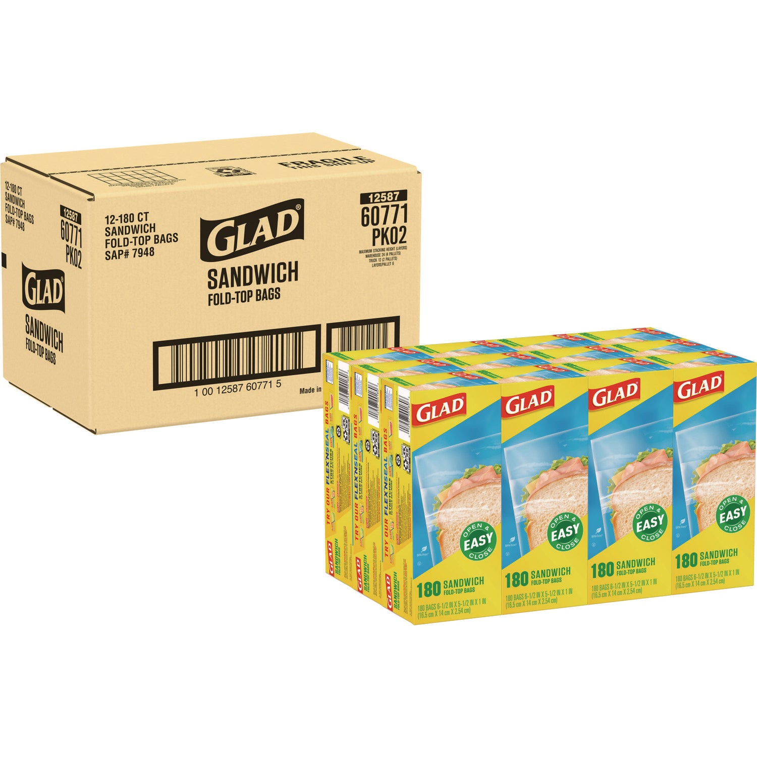 Fold-Top Sandwich Bags, 6.5" x 5.5", Clear, 180/Box, 12 Boxes/Carton - 1