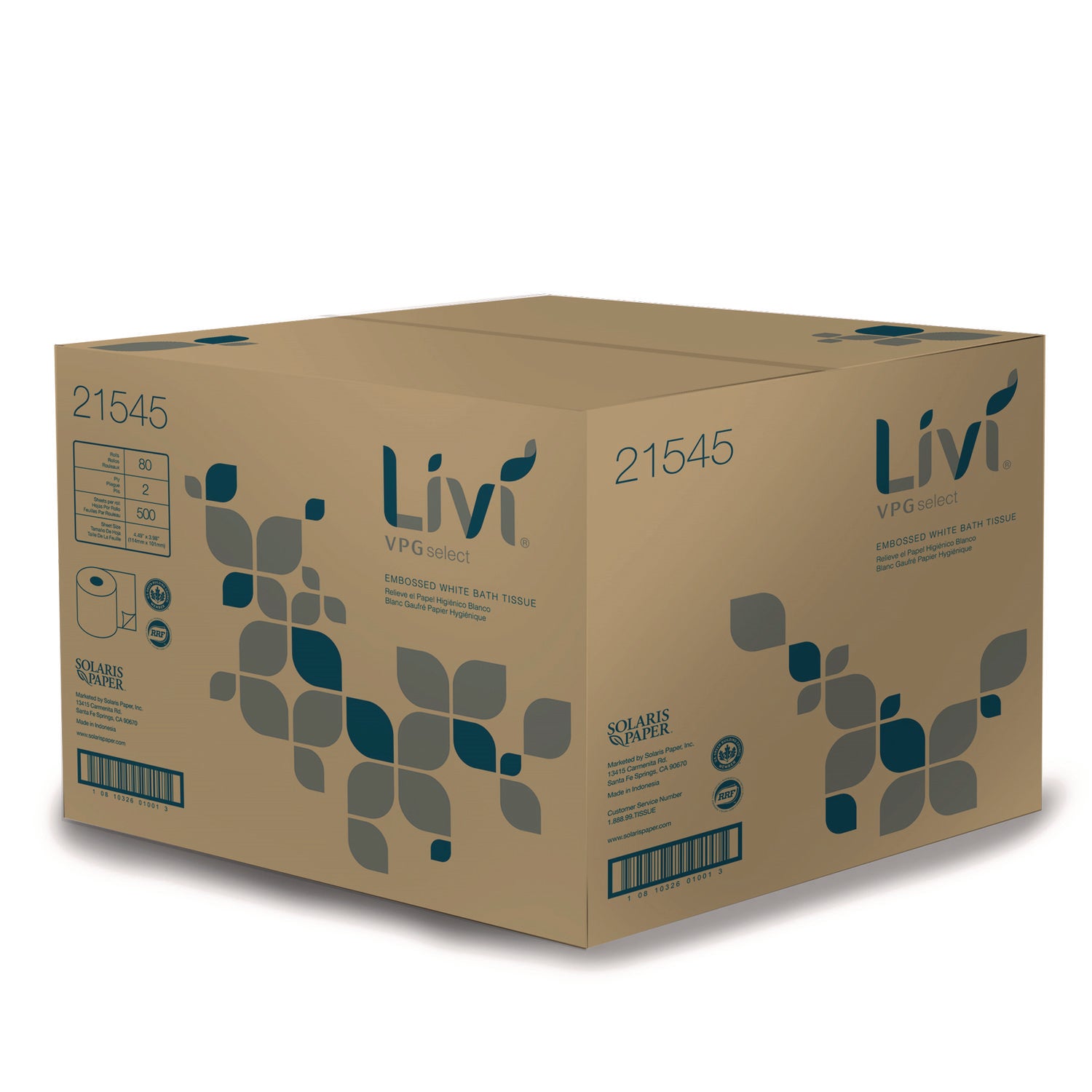 Livi Leaf VPG Bath Tissue - 2 Ply - 4.49" x 3.98" - 500 Sheets/Roll - White - Virgin Fiber - Embossed, Absorbent - For Office Building, Restroom - 80 / Carton - 2