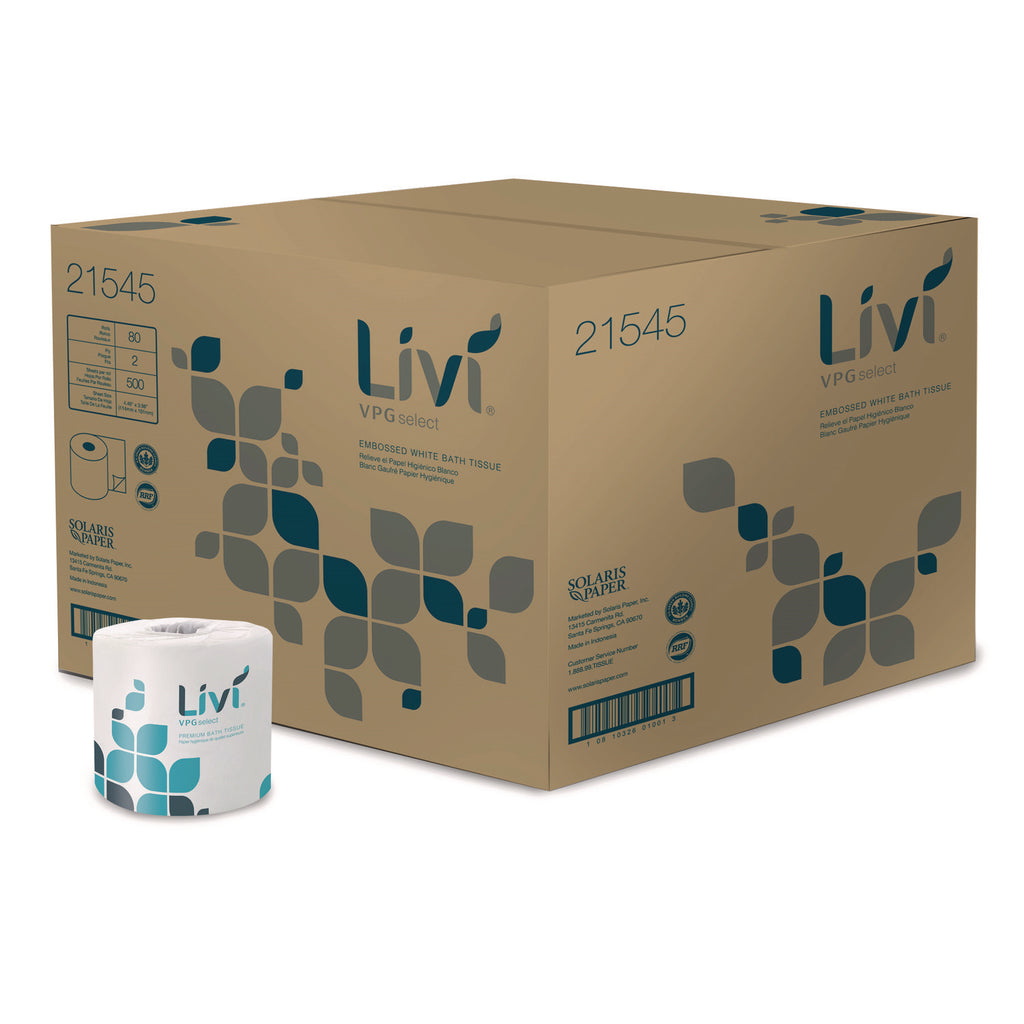 Livi Leaf VPG Bath Tissue - 2 Ply - 4.49" x 3.98" - 500 Sheets/Roll - White - Virgin Fiber - Embossed, Absorbent - For Office Building, Restroom - 80 / Carton