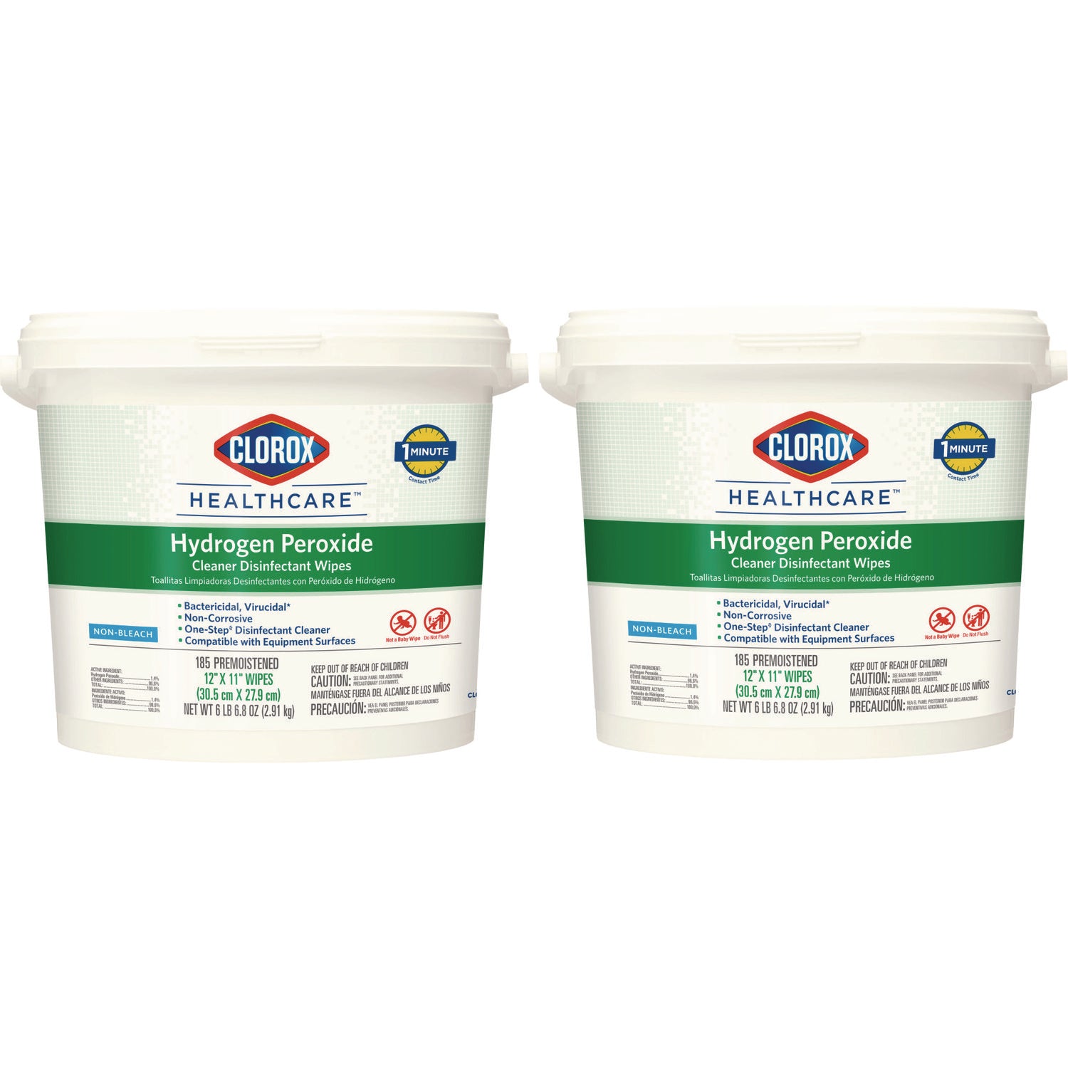 Hydrogen Peroxide Cleaner Disinfectant Wipes, 11 x 12, Unscented, White, 185/Canister, 2 Canisters/Carton - 2