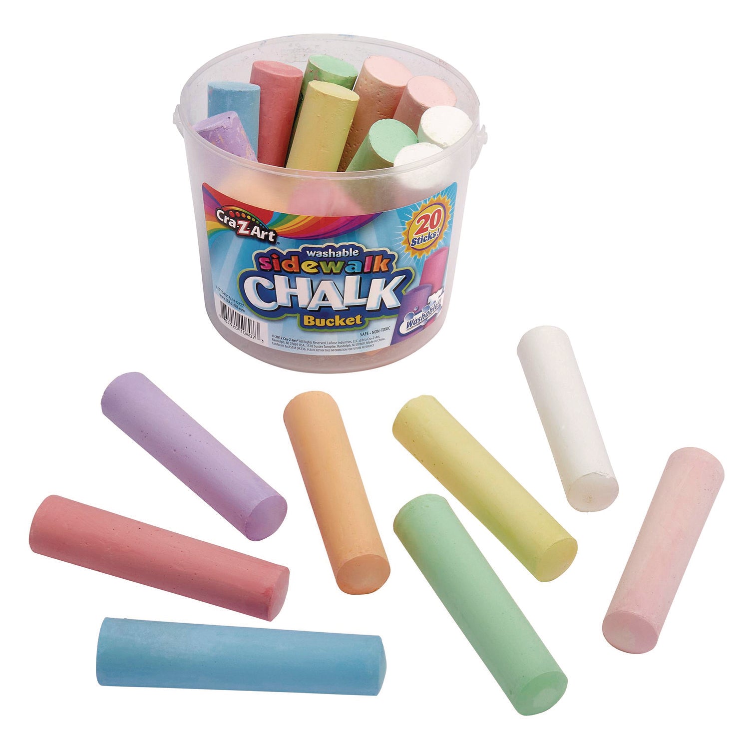Washable Sidewalk Jumbo Chalk in Storage Bucket with Lid and Handle, 12.63", 20 Assorted Colors
