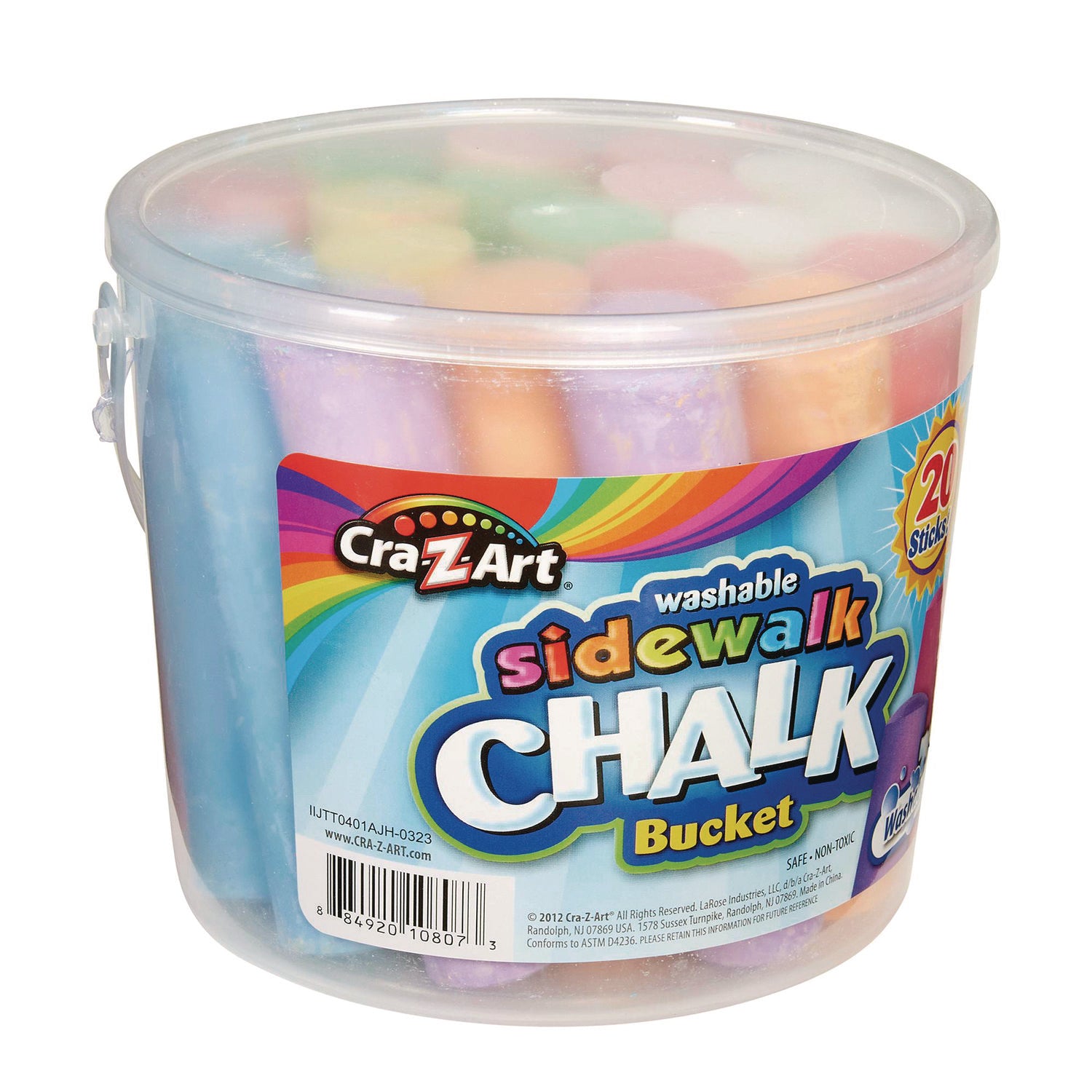 Washable Sidewalk Jumbo Chalk in Storage Bucket with Lid and Handle, 12.63", 20 Assorted Colors