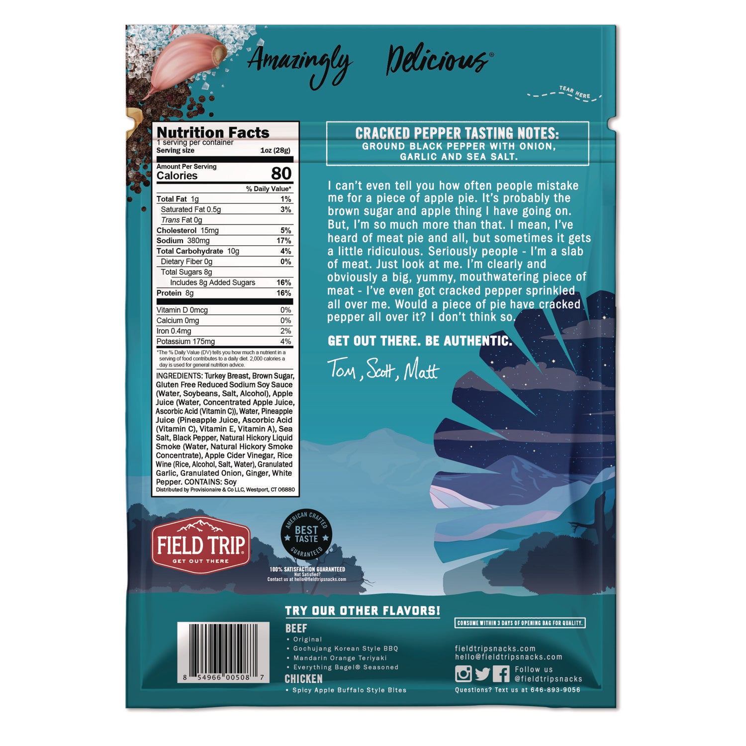 Turkey Jerky, Cracked Pepper Turkey, 2.2 oz Bag, 12 Bags/Carton