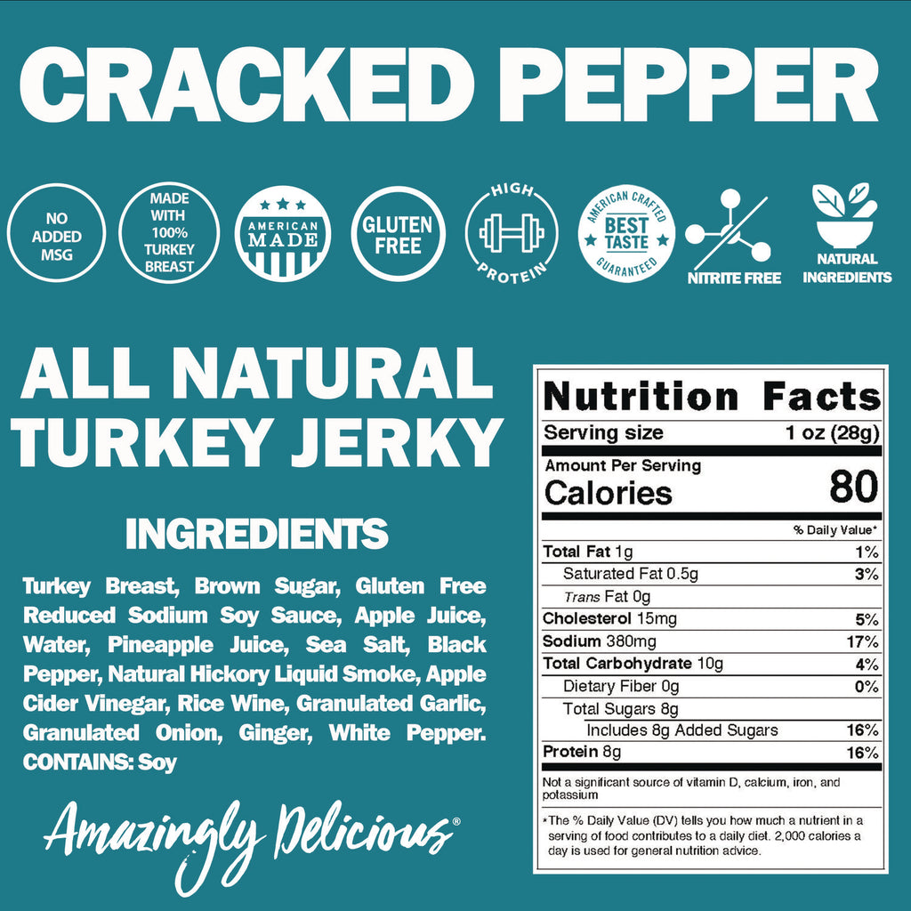 Turkey Jerky, Cracked Pepper Turkey, 2.2 oz Bag, 12 Bags/Carton