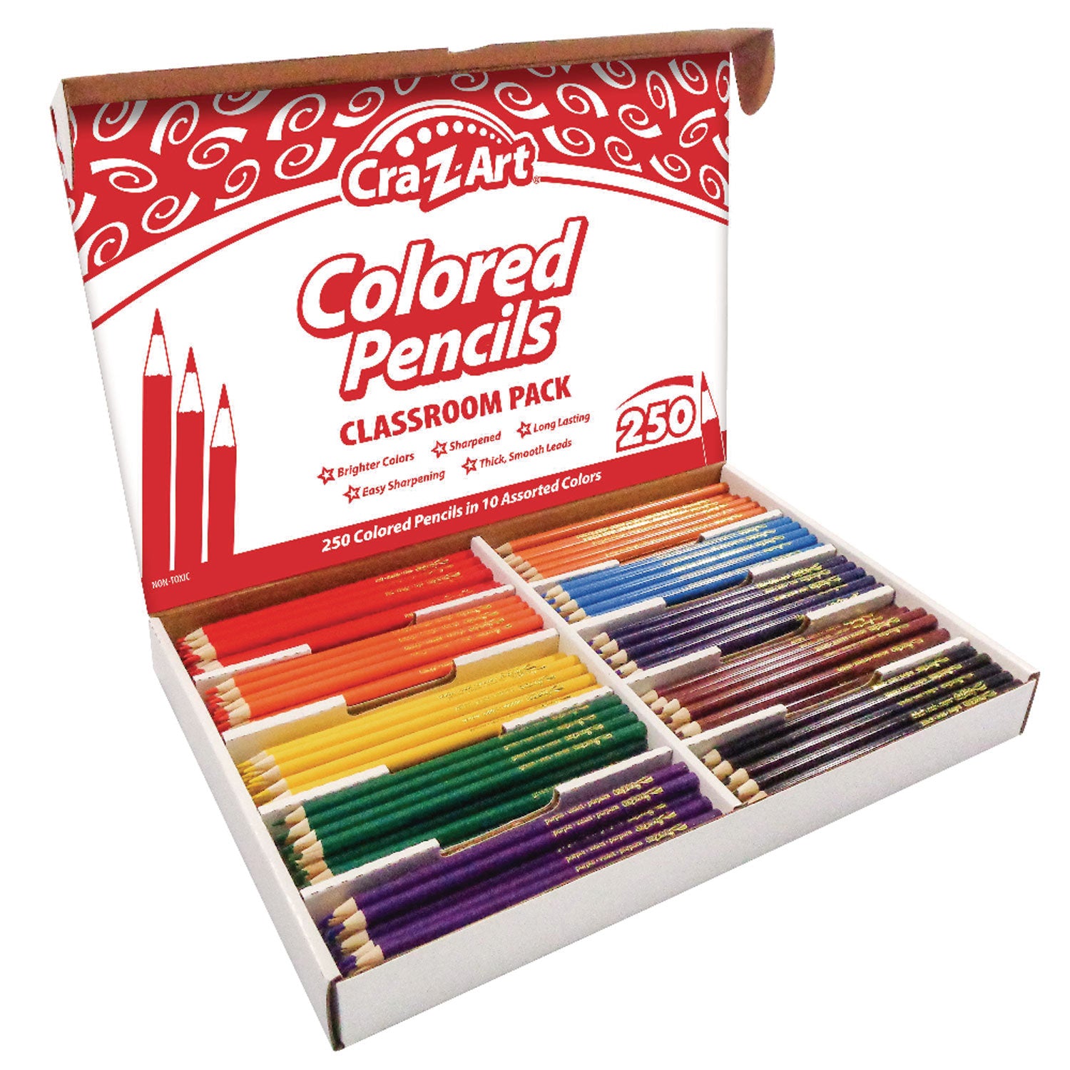 Colored Pencils Classpack, 10 Assorted Lead and Barrel Colors, 10 Pencils/Set, 25 Sets/Carton