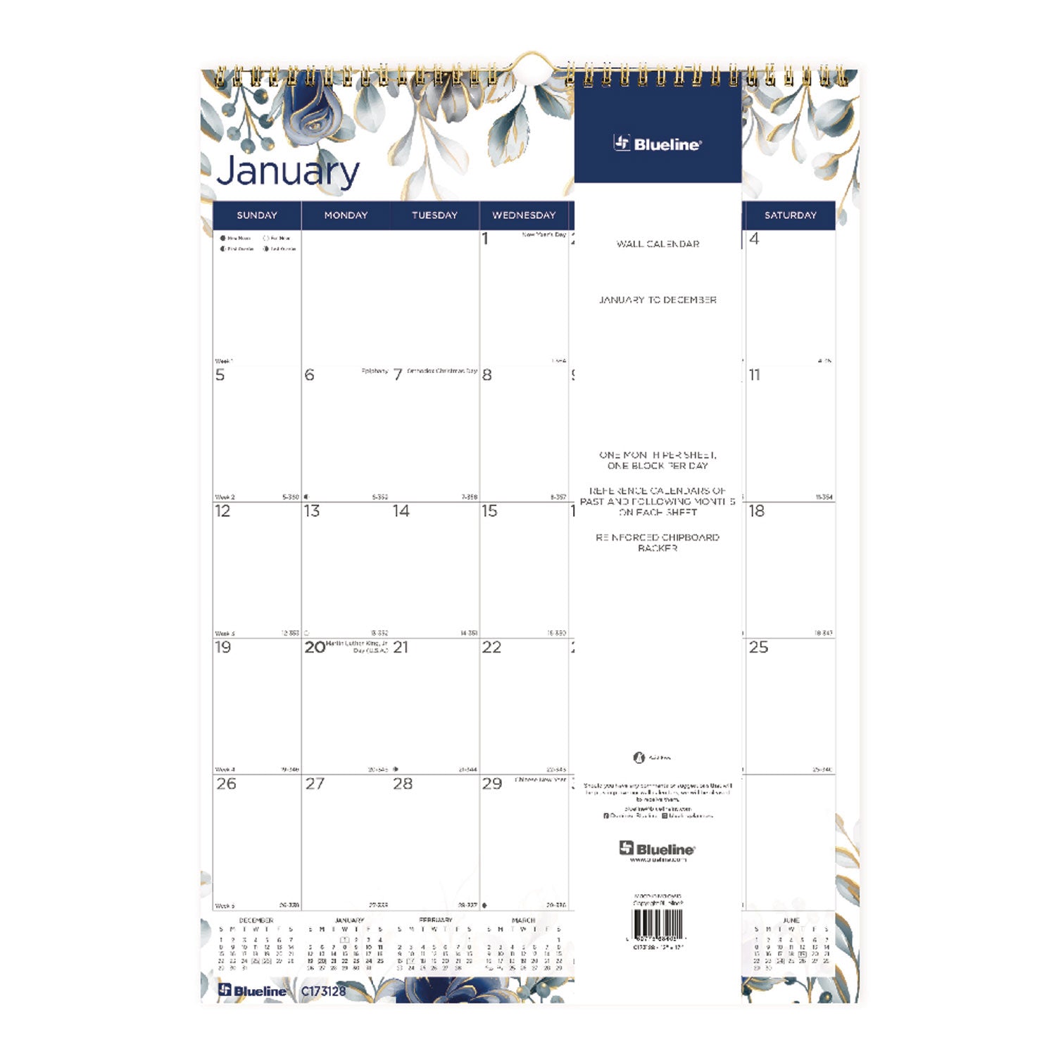 12-Month Colorful Wall Calendar, Abstract Floral Artwork, 12 x 17, White Sheets, 12-Month (Jan to Dec): 2024 - 6