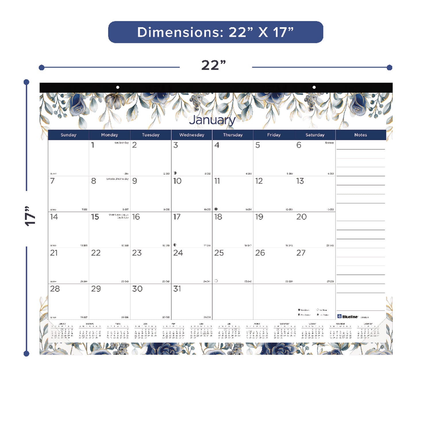 Blueline Abstract Floral Monthly Desk Pad - Monthly - 12 Month - January 2024 - December 2024 - 1 Month Single Page Layout - 17" x 22" Sheet Size - Desk Pad - Abstract Floral, Clear - Chipboard, Vinyl - Dated Planning Page, Daily Block, Notes Section - 2