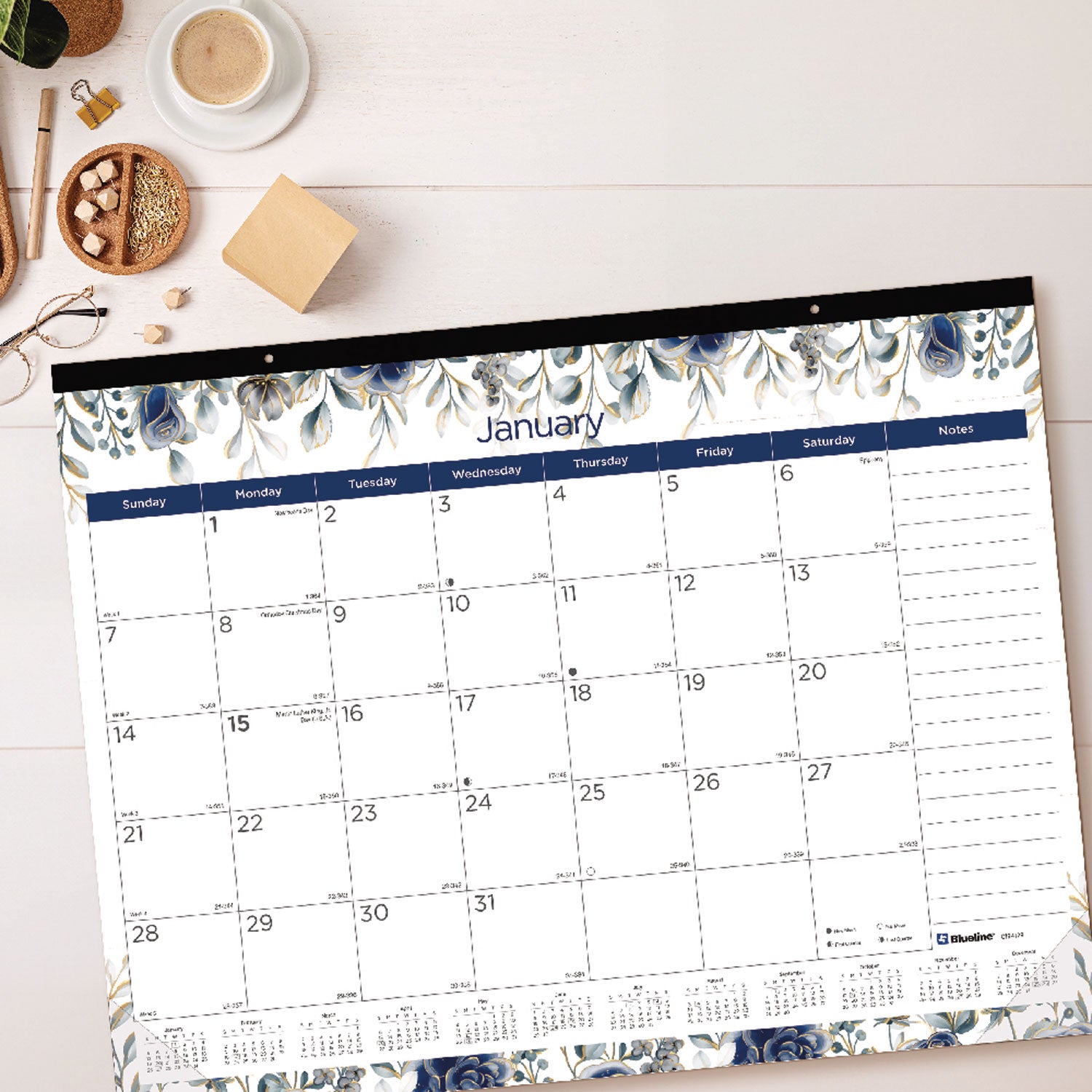 Blueline Abstract Floral Monthly Desk Pad - Monthly - 12 Month - January 2024 - December 2024 - 1 Month Single Page Layout - 17" x 22" Sheet Size - Desk Pad - Abstract Floral, Clear - Chipboard, Vinyl - Dated Planning Page, Daily Block, Notes Section - 6