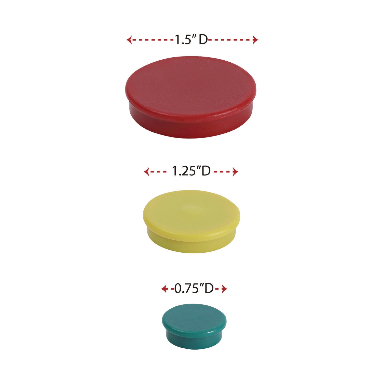 High-Intensity Assorted Magnets, Circles, Assorted Colors, 0.75", 1.25" and 1.5" Diameters, 30/Pack - 3