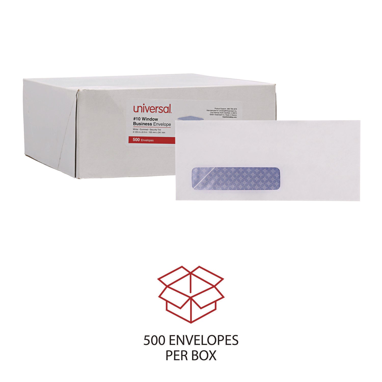 Open-Side Security Tint Business Envelope, 1 Window, #10, Commercial Flap, Gummed Closure, 4.13 x 9.5, White, 500/Box - 4