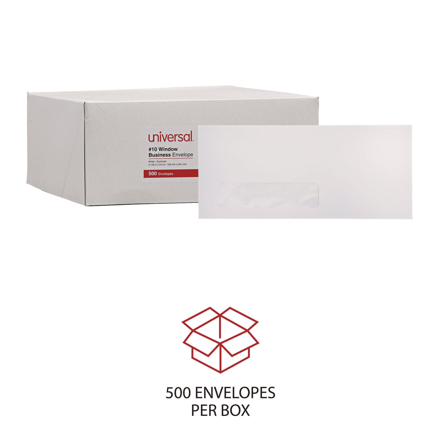 Open-Side Business Envelope, 1 Window, #10, Commercial Flap, Gummed Closure, 4.13 x 9.5, White, 500/Box - 4