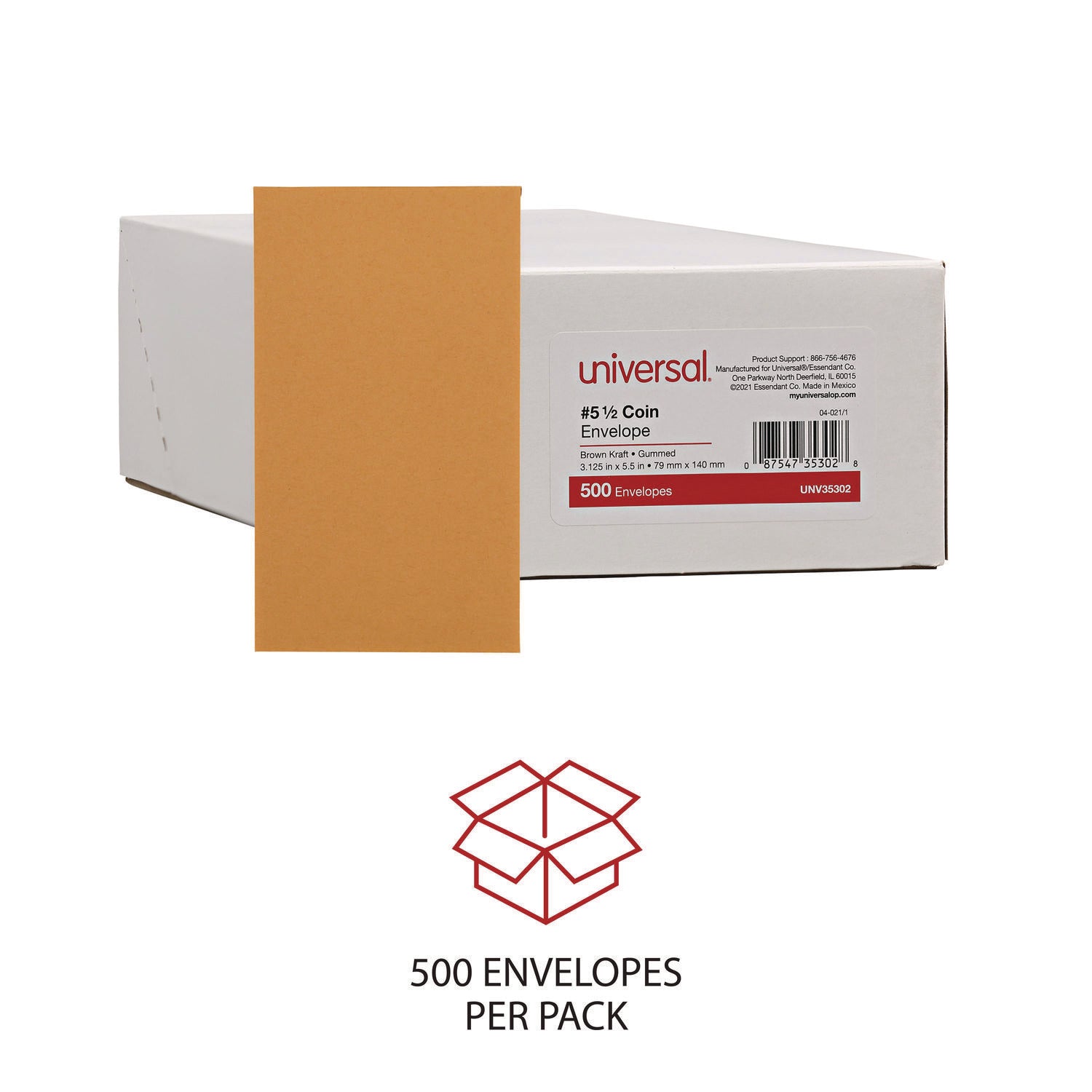 Kraft Coin Envelope, #5 1/2, Round Flap, Gummed Closure, 3.13 x 5.5, Light Brown Kraft, 500/Box