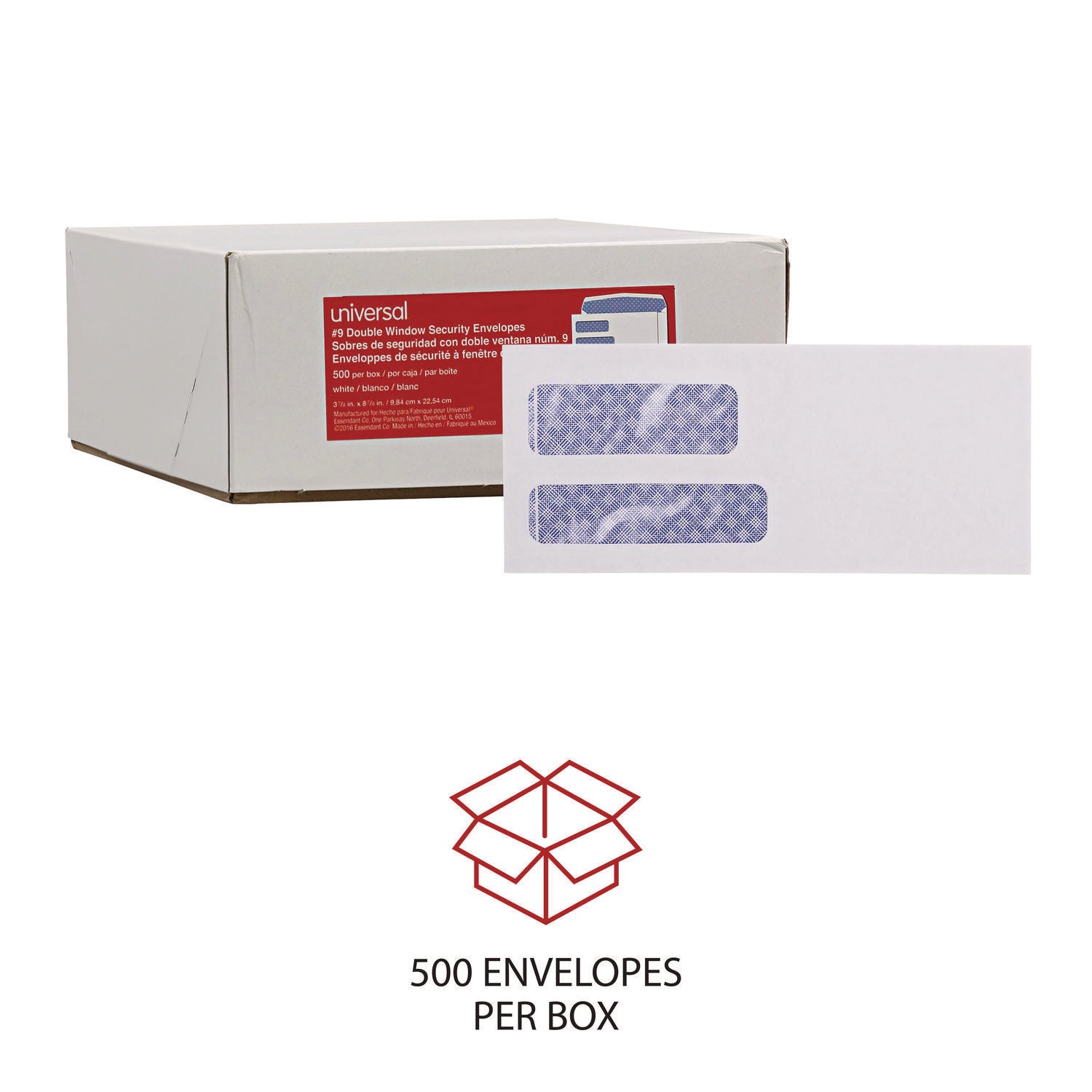 Double Window Business Envelope, #9, Commercial Flap, Gummed Closure, 3.88 x 8.88, White, 500/Box - 5